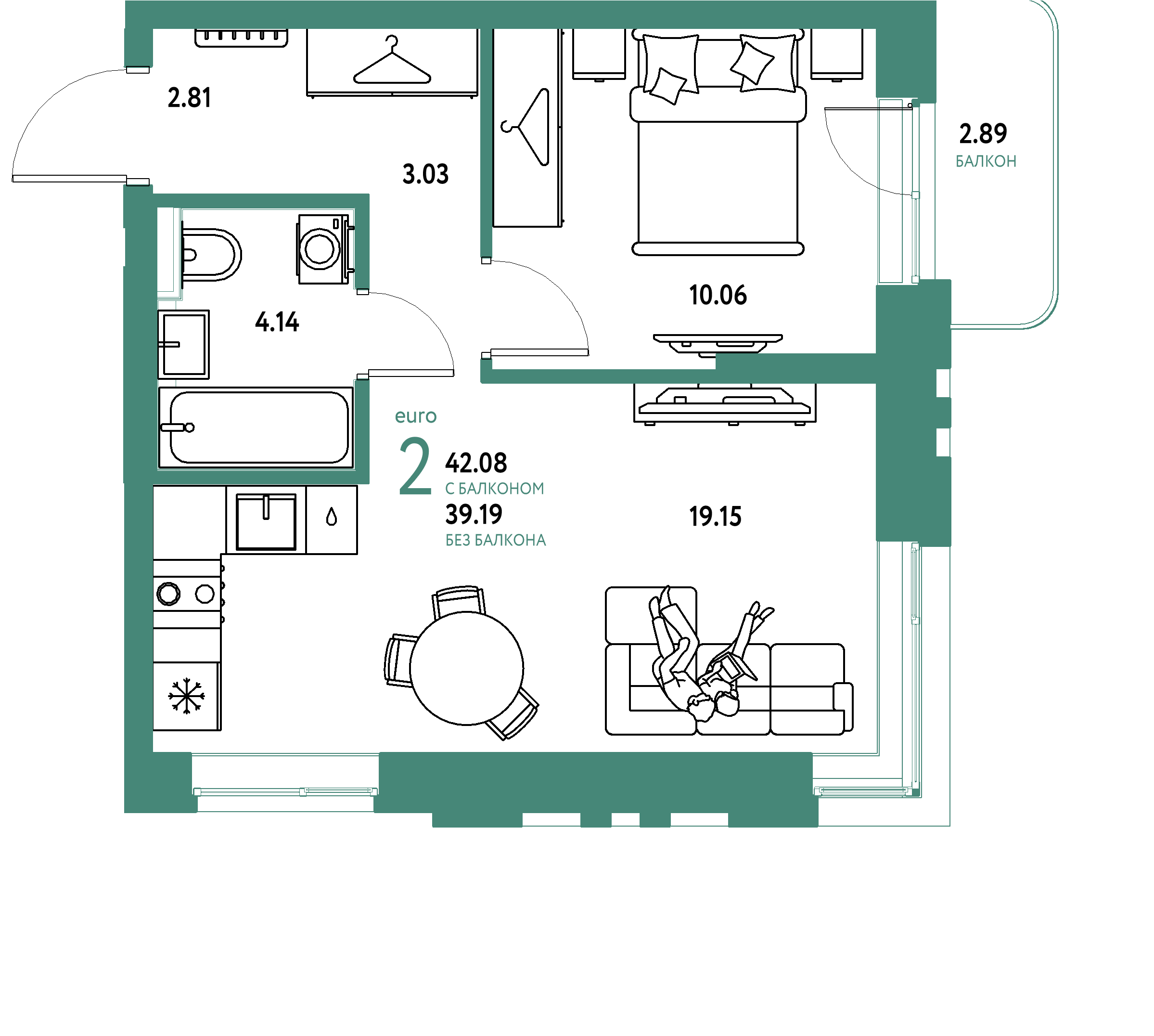 ЖК "Сибирский сад"-2-комнатная 42.08 м²