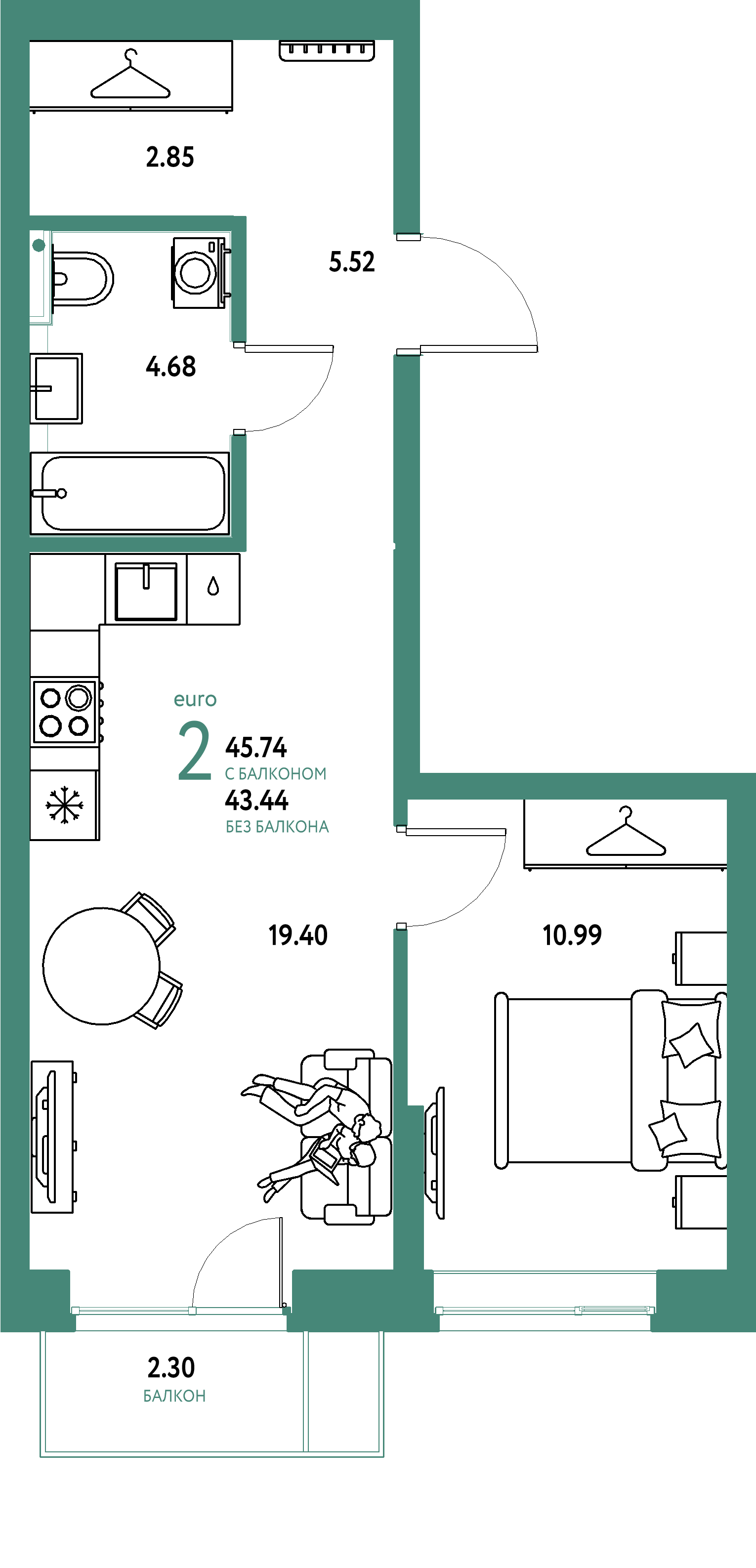 ЖК "Сибирский сад"-2-комнатная 45.74 м²
