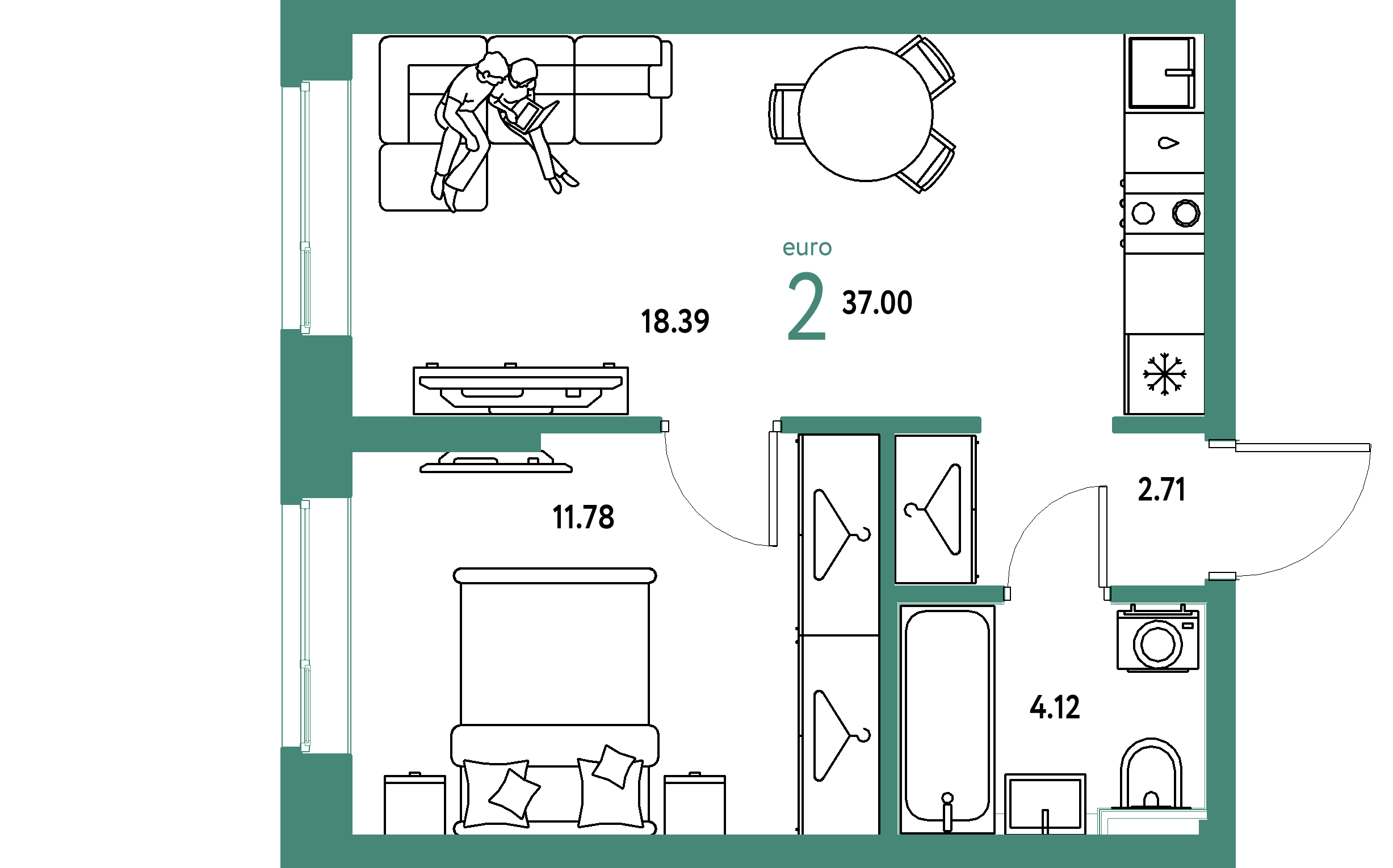ЖК "Сибирский сад"-2-комнатная 37 м²