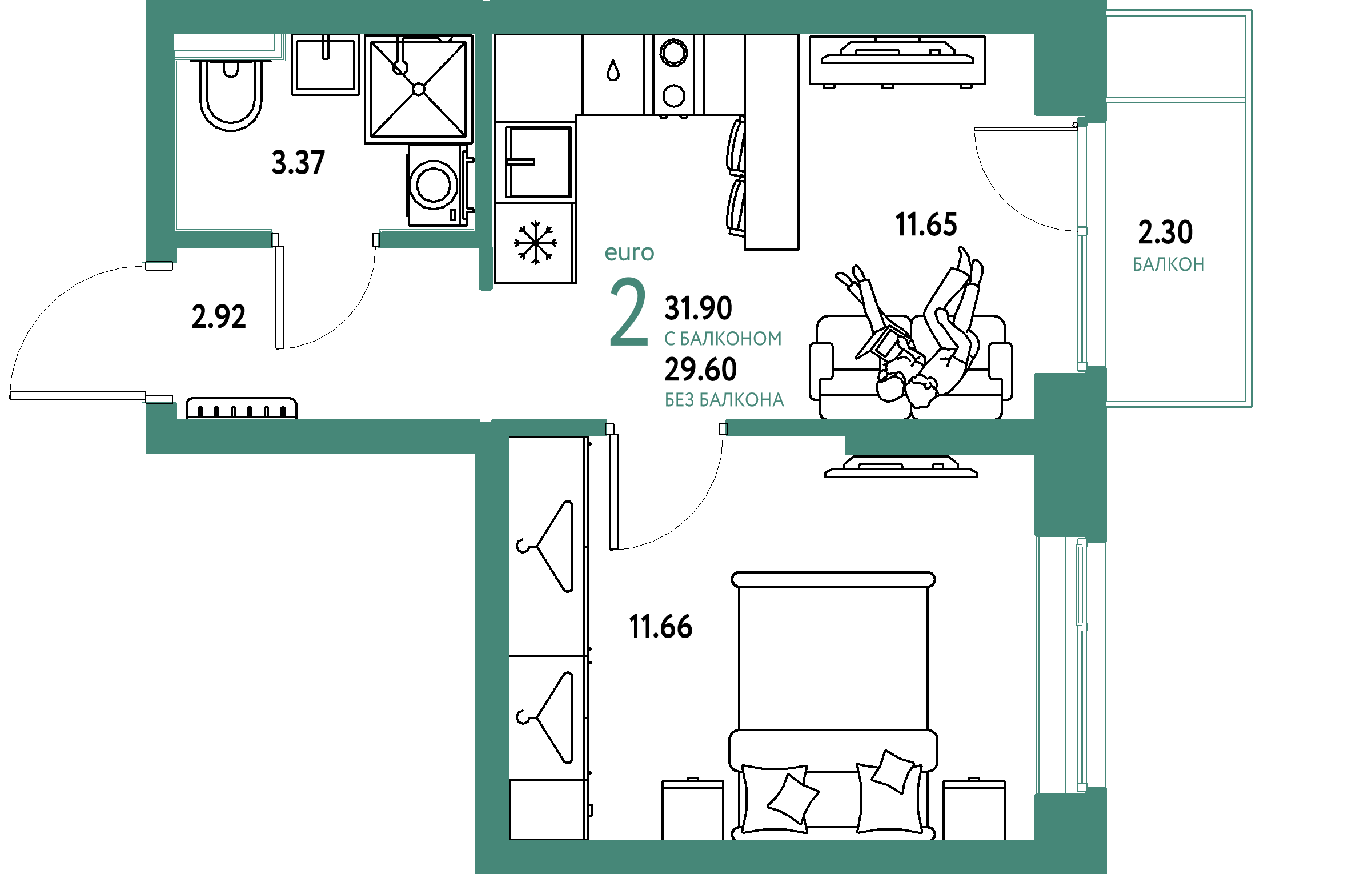 ЖК "Сибирский сад"-2-комнатная 31.9 м²