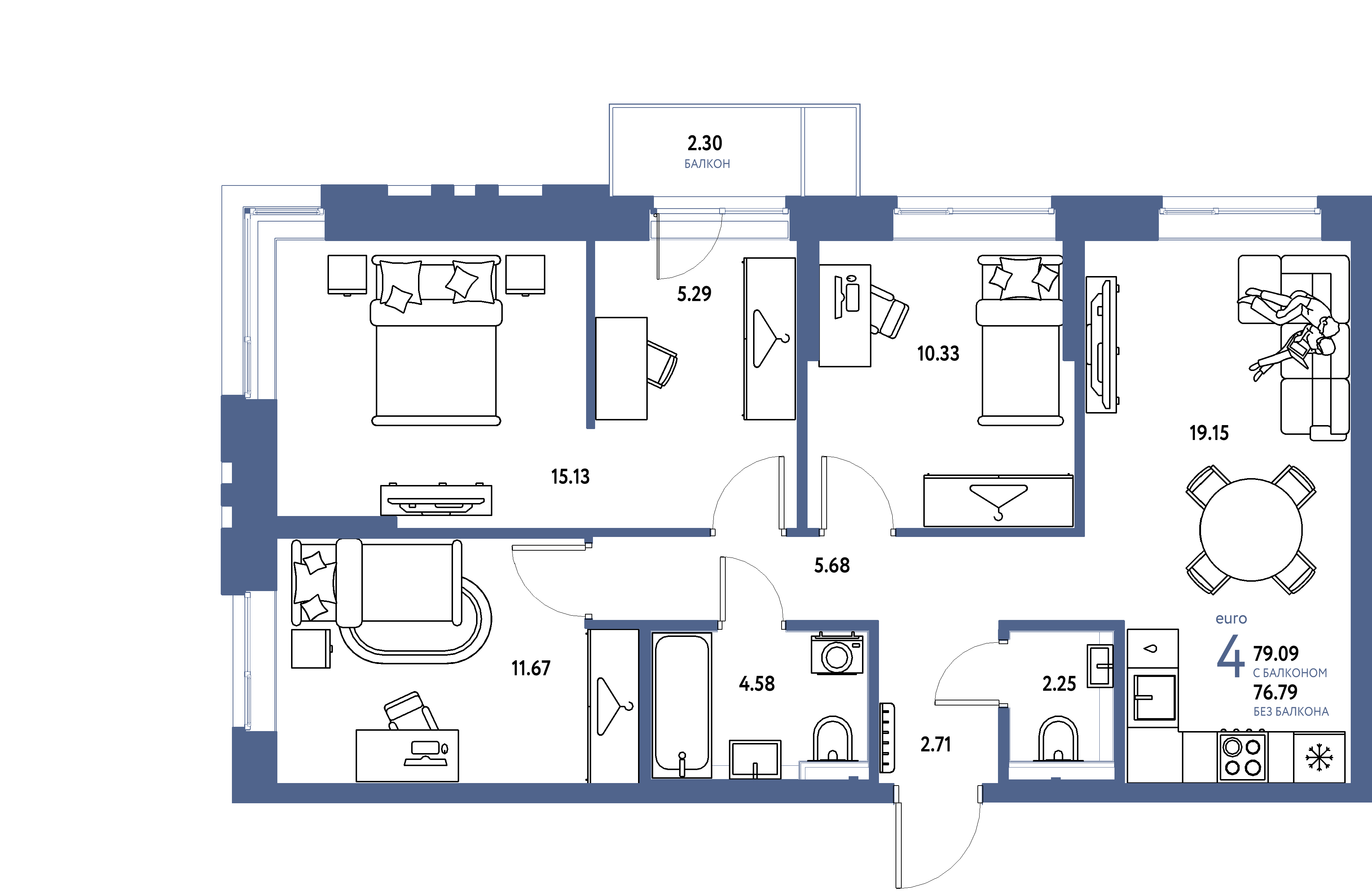 ЖК "Сибирский сад"-4-комнатная 79.09 м²