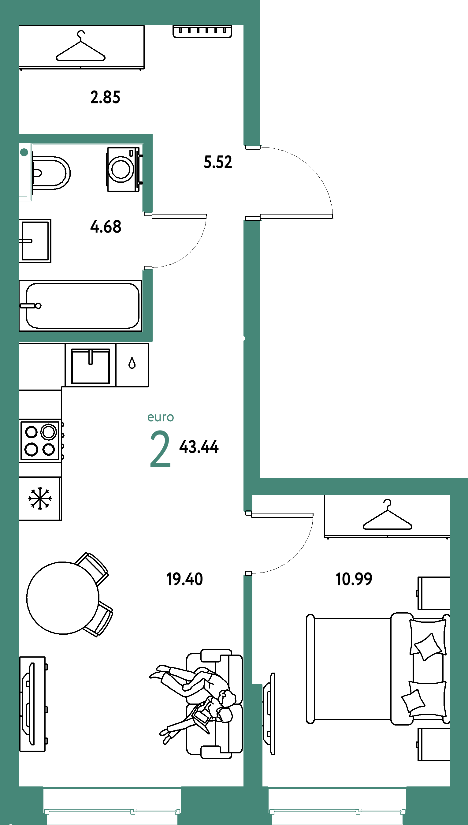 ЖК "Сибирский сад"-2-комнатная 43.44 м²