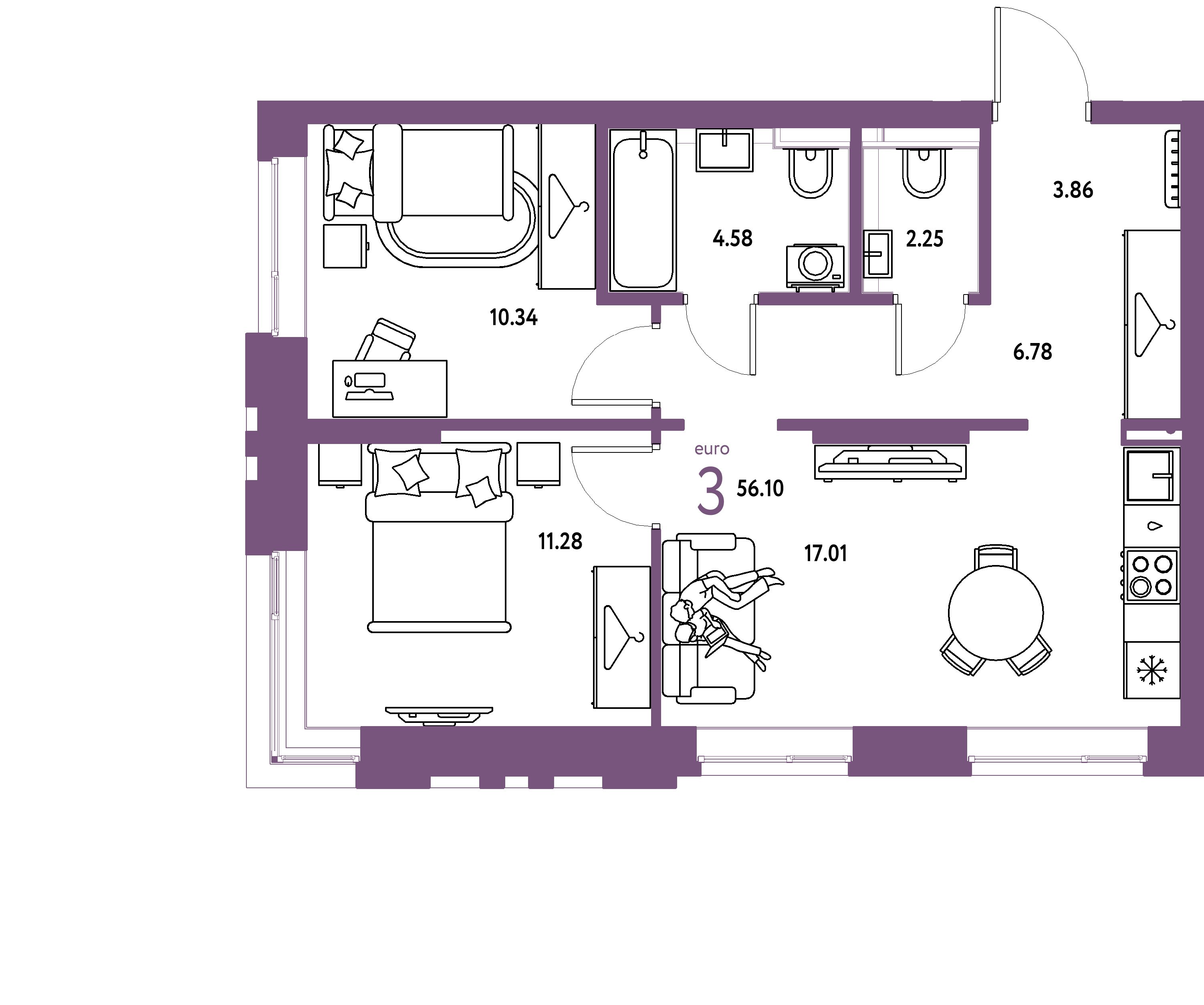 ЖК "Сибирский сад"-3-комнатная 56.1 м²