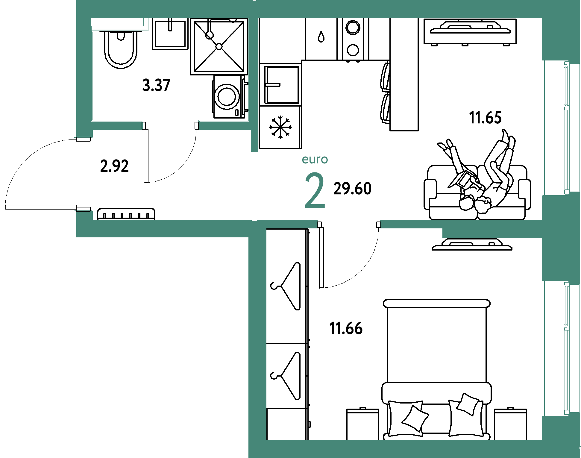 ЖК "Сибирский сад"-2-комнатная 29.6 м²