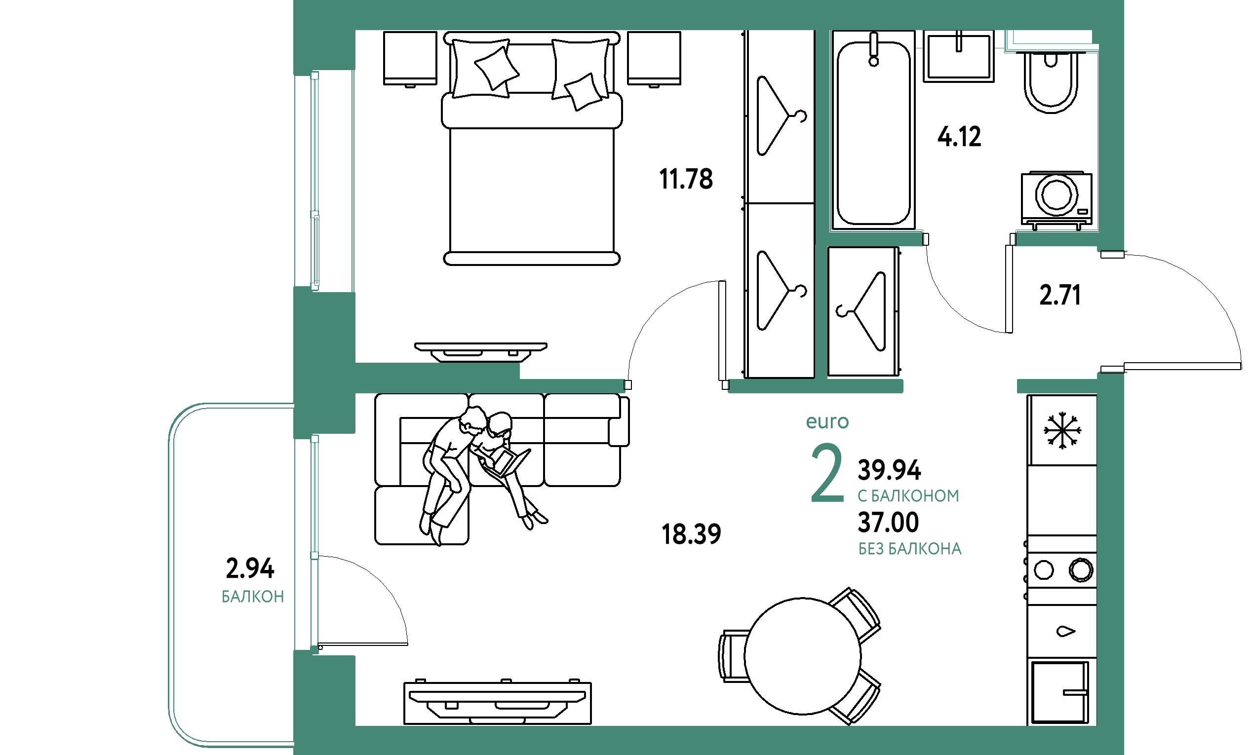 ЖК "Сибирский сад"-2-комнатная 39.94 м²