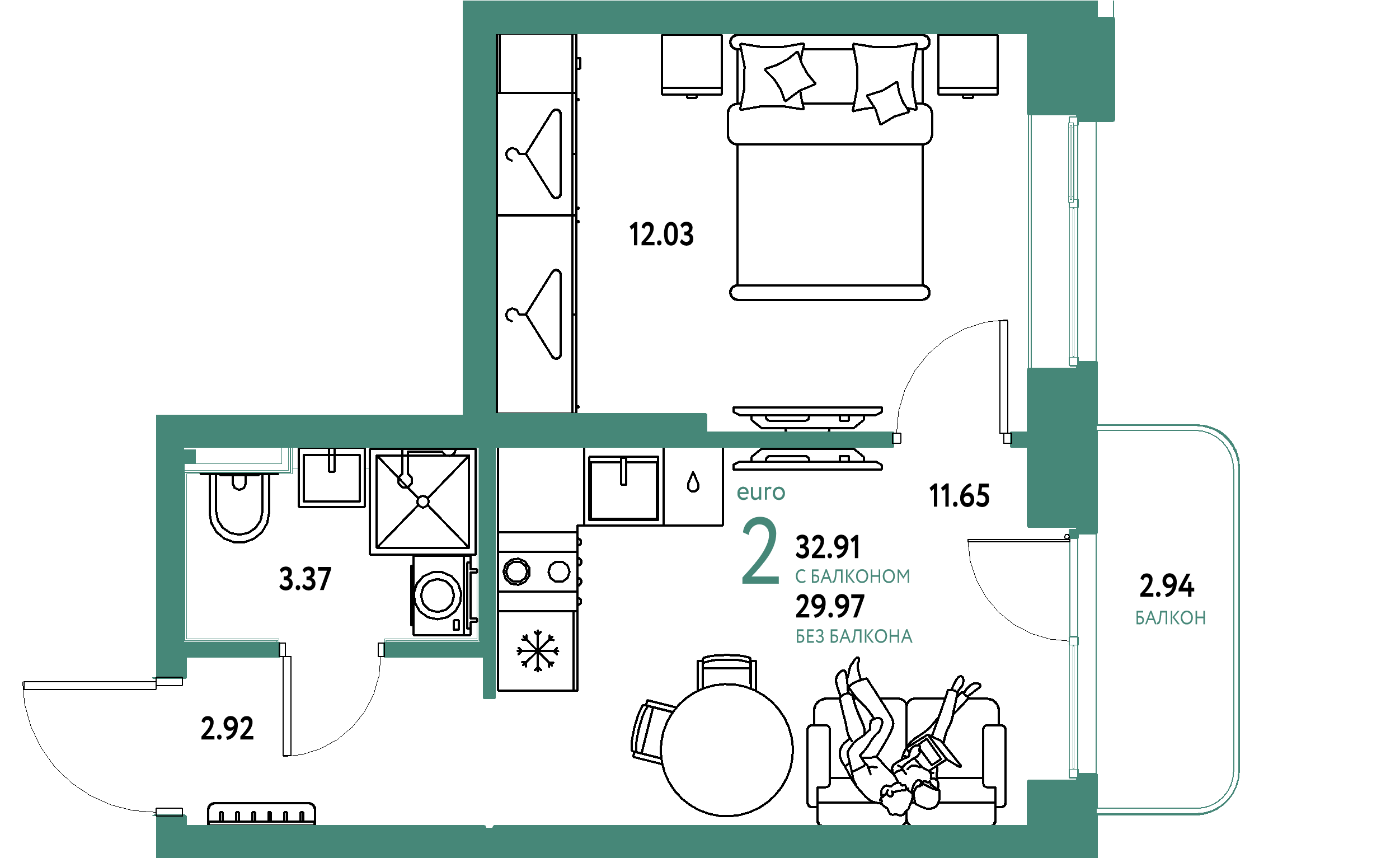 ЖК "Сибирский сад"-2-комнатная 32.91 м²