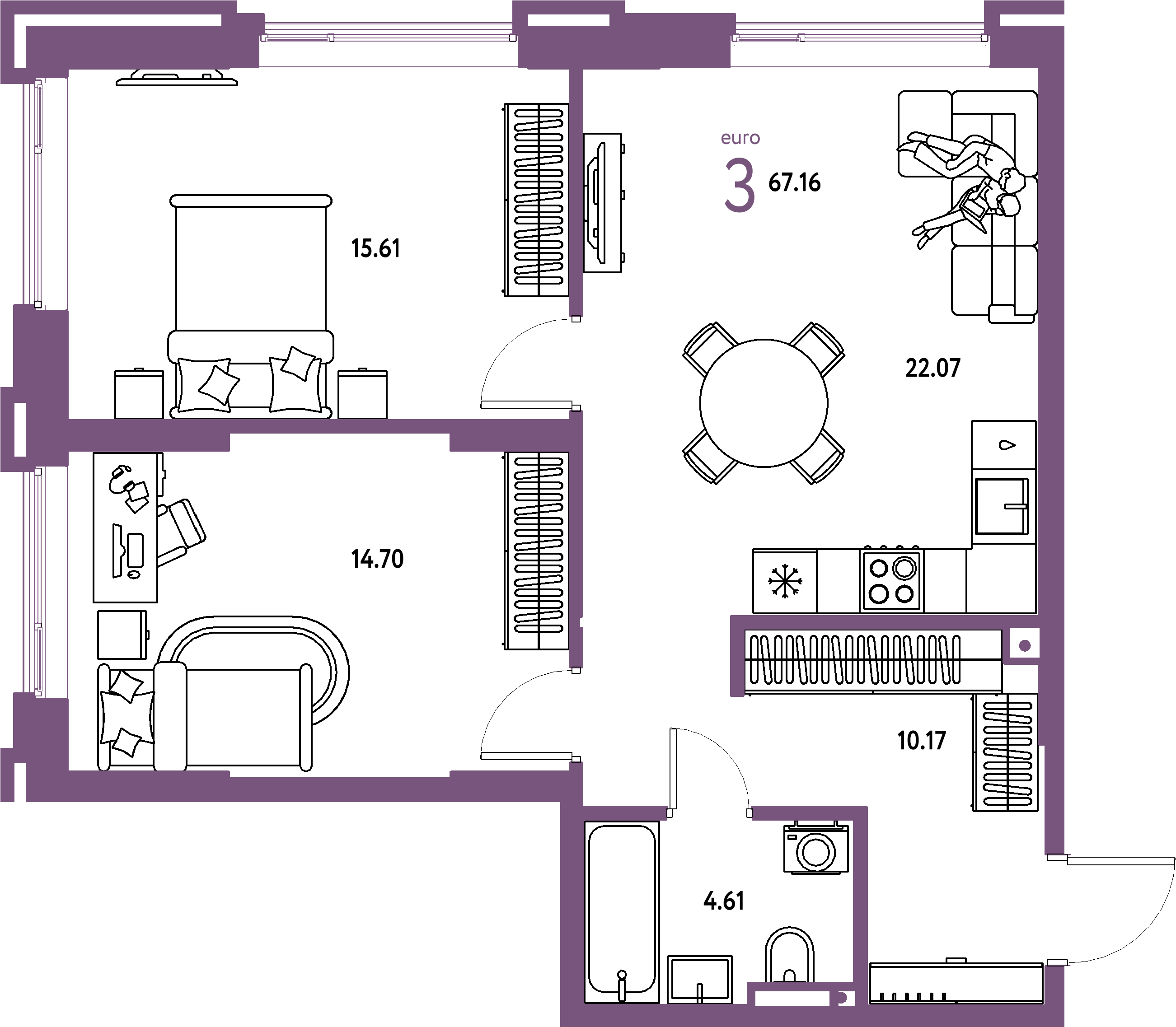 ЖК "Страна.Прибрежная"-3-комнатная 67.16 м²