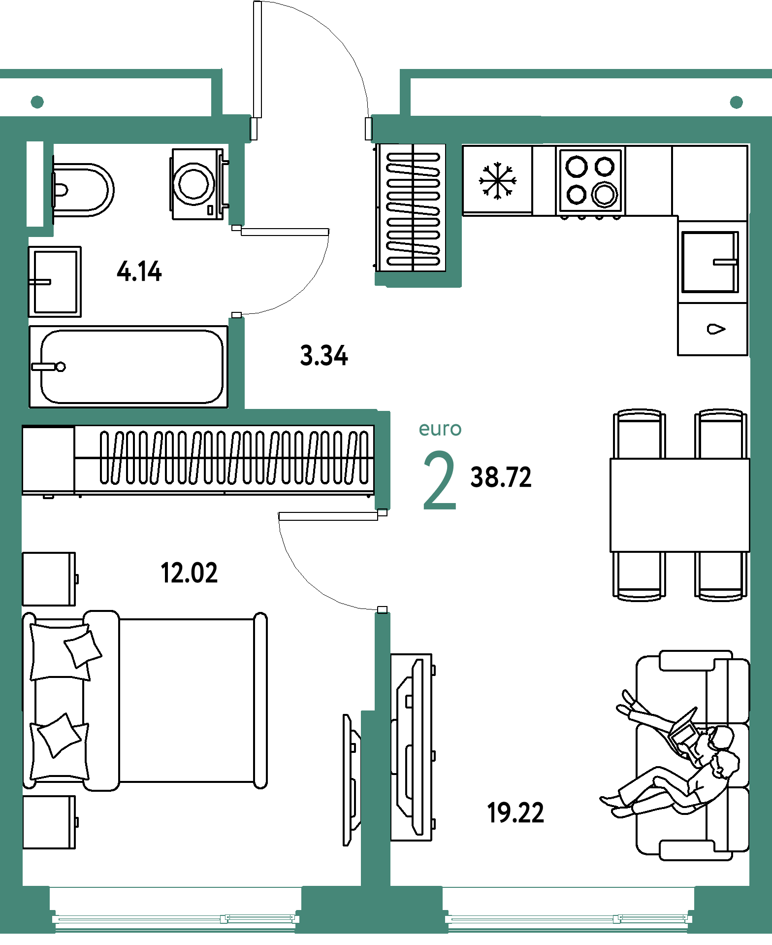 ЖК "Страна.Прибрежная"-2-комнатная 38.72 м²