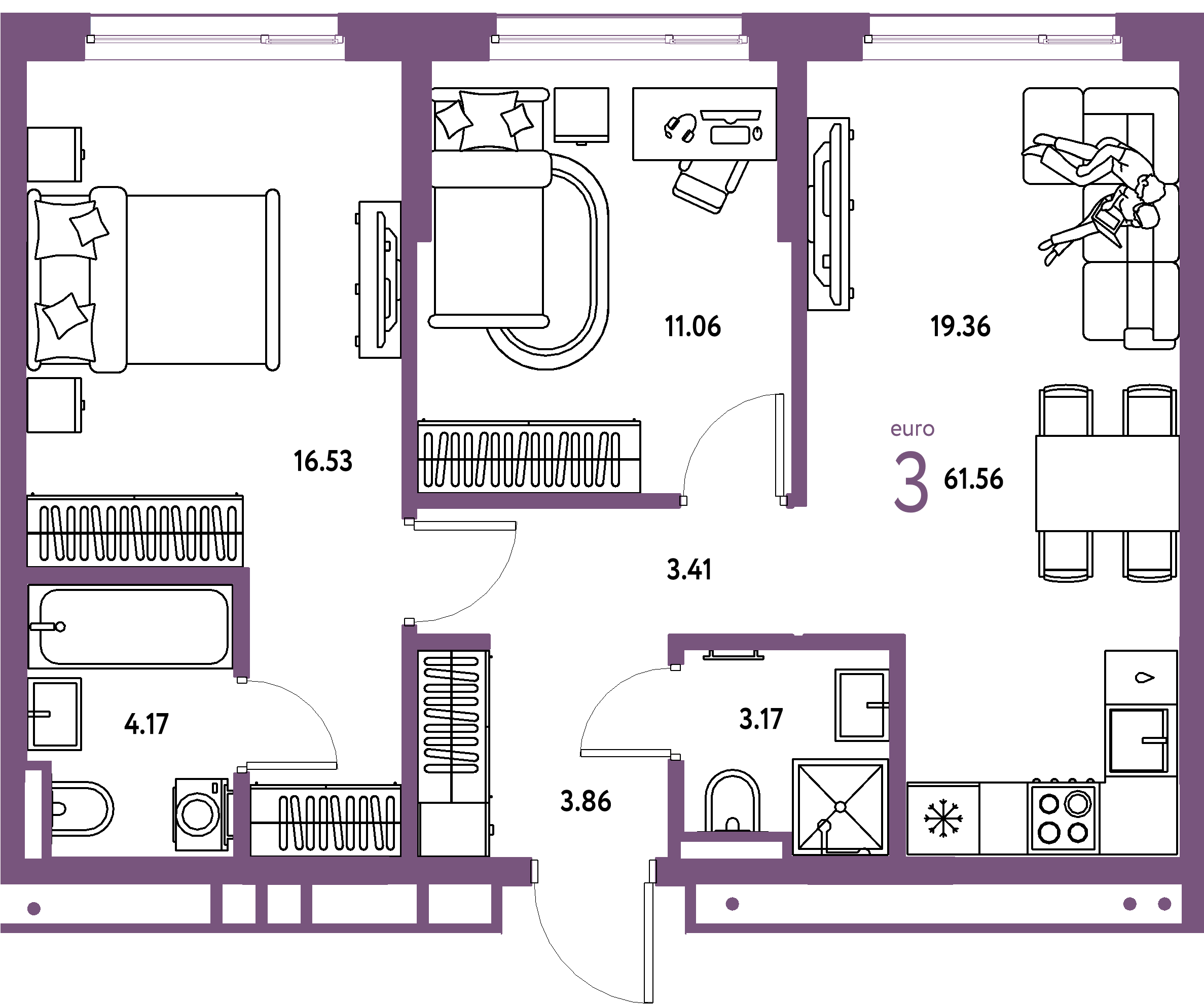 ЖК "Страна.Прибрежная"-3-комнатная 61.56 м²