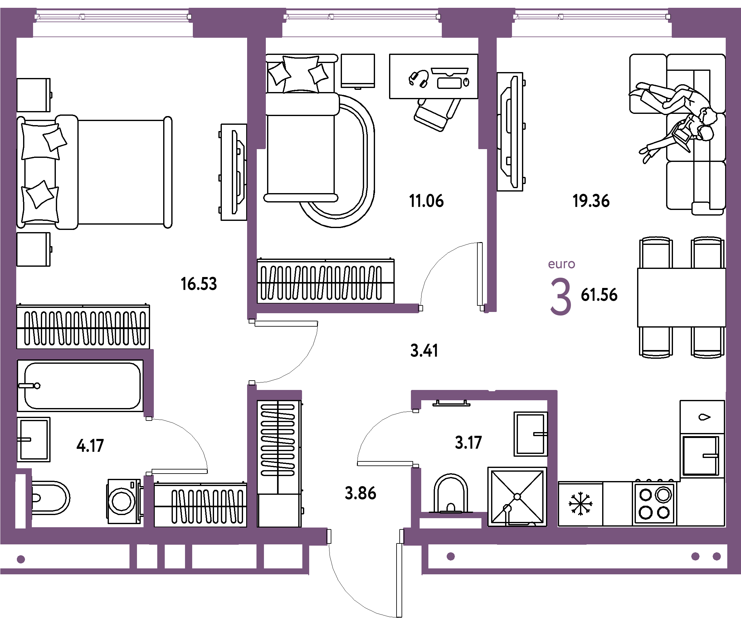 ЖК "Страна.Прибрежная"-3-комнатная 61.56 м²