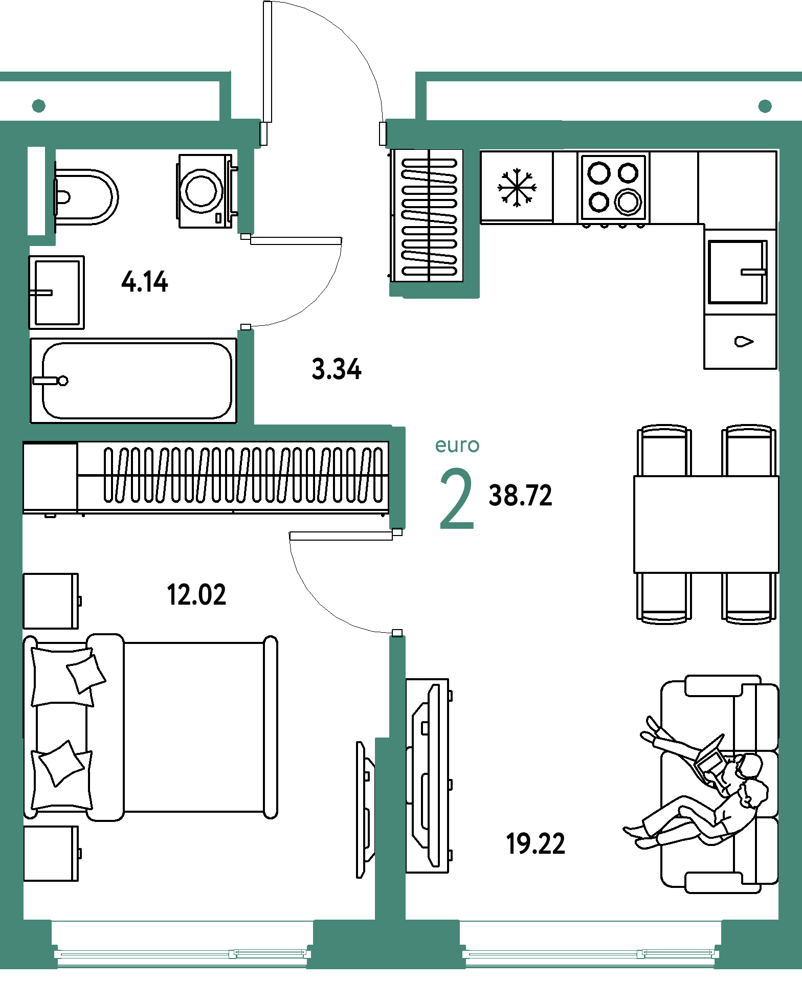 ЖК "Страна.Прибрежная"-2-комнатная 38.72 м²