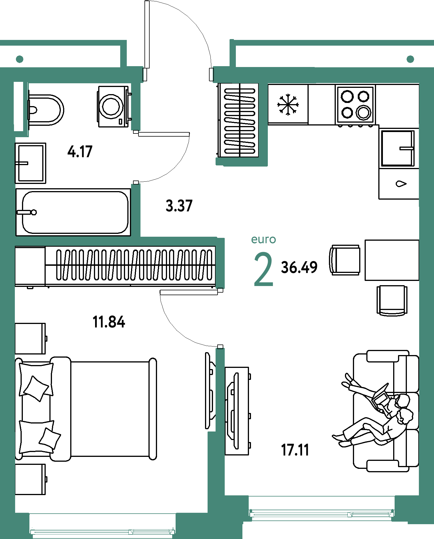 ЖК "Страна.Прибрежная"-2-комнатная 36.49 м²