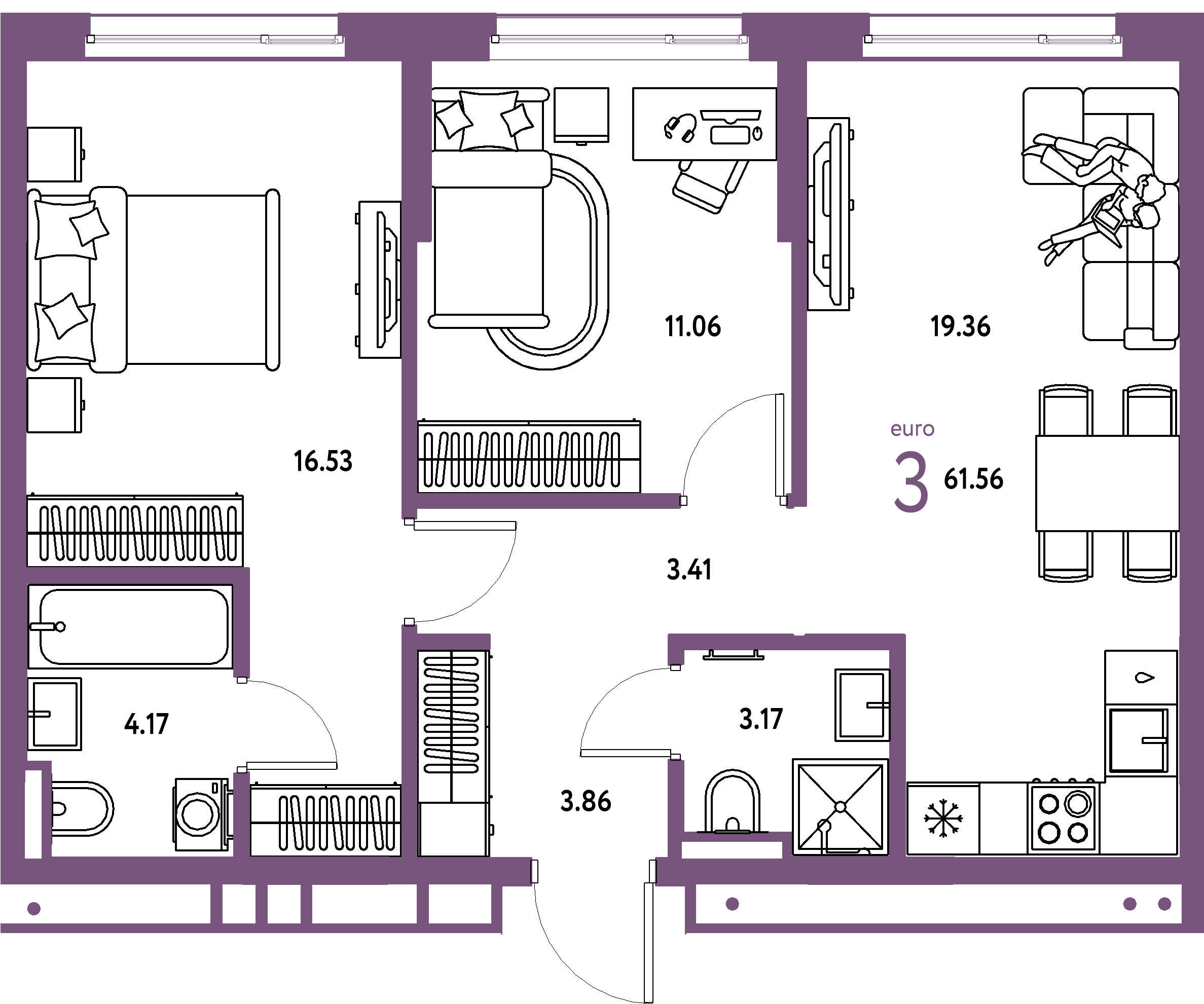 ЖК "Страна.Прибрежная"-3-комнатная 61.56 м²