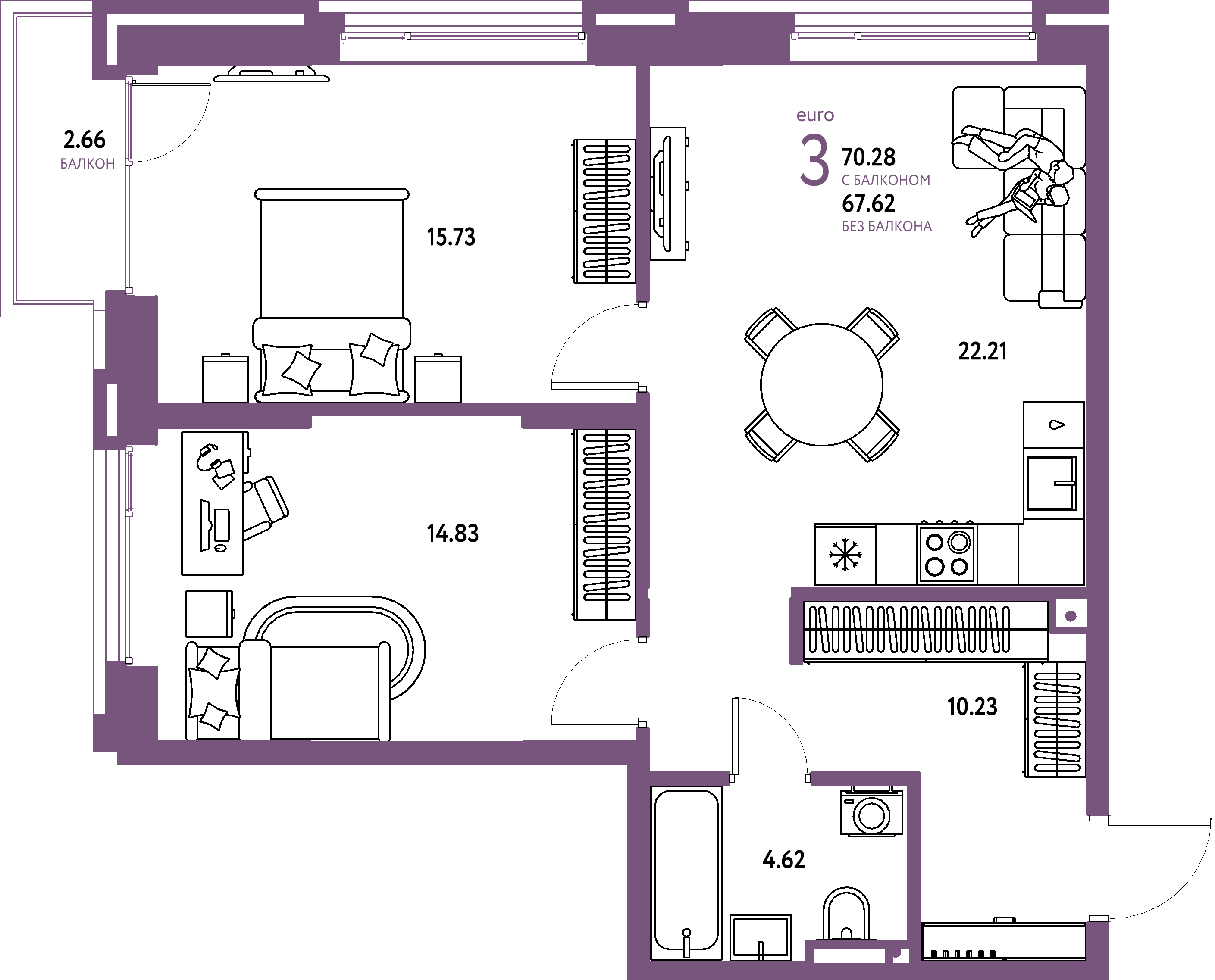 ЖК "Страна.Прибрежная"-3-комнатная 70.28 м²