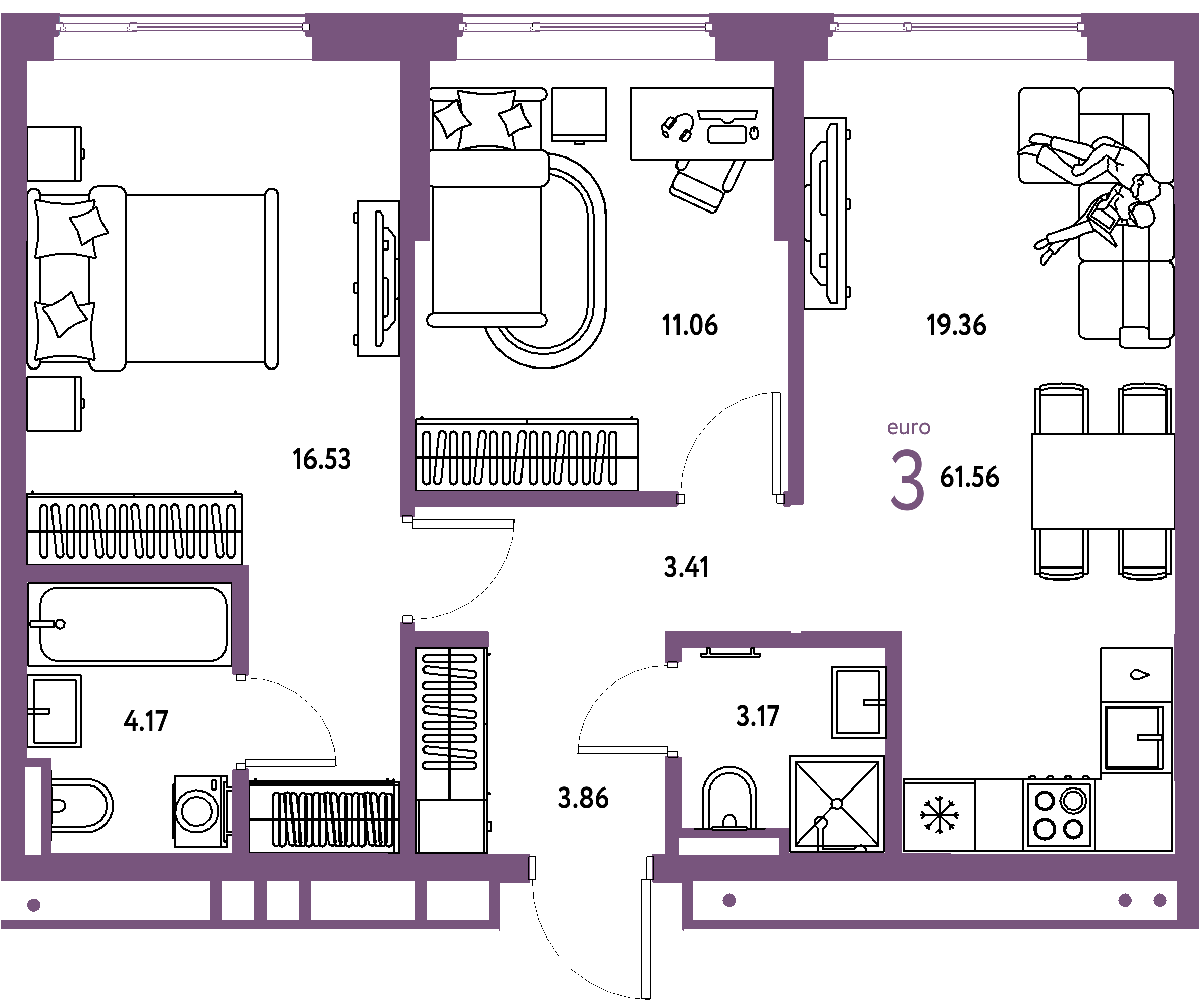 ЖК "Страна.Прибрежная"-3-комнатная 61.56 м²