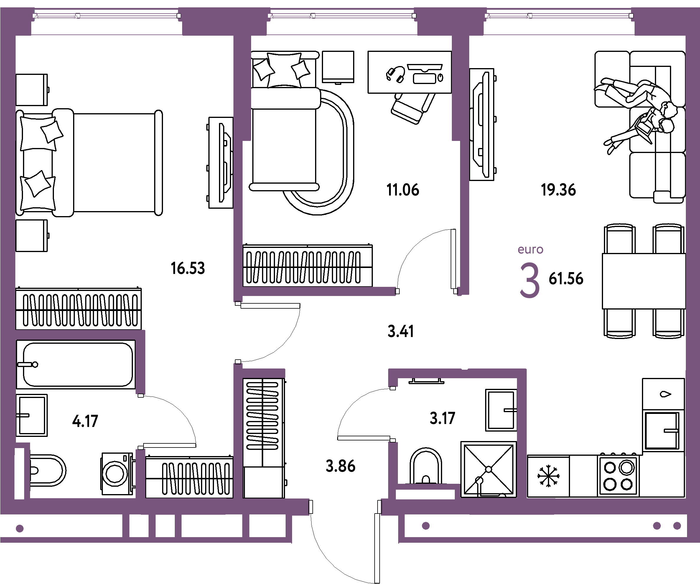 ЖК "Страна.Прибрежная"-3-комнатная 61.56 м²