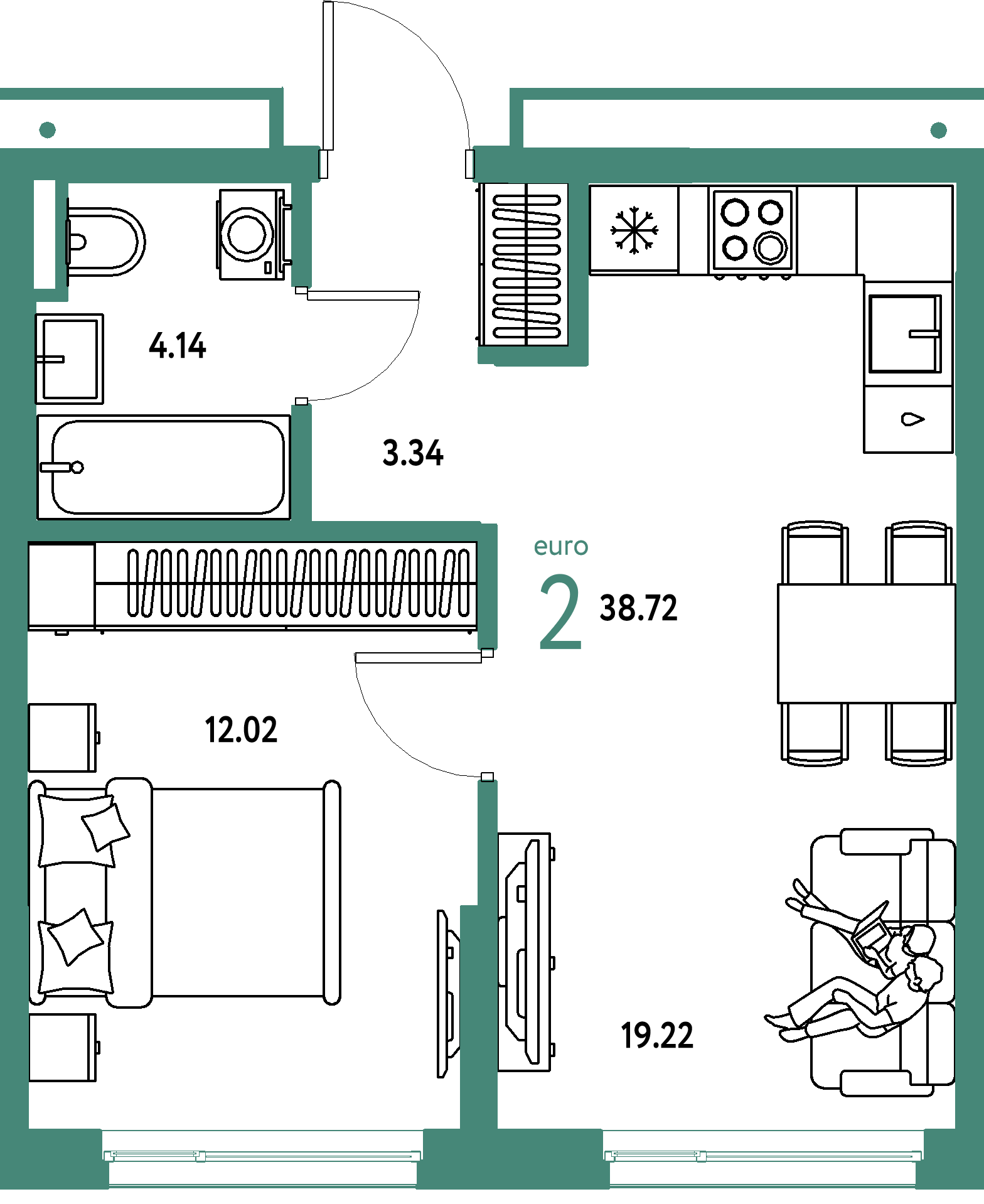 ЖК "Страна.Прибрежная"-2-комнатная 38.72 м²