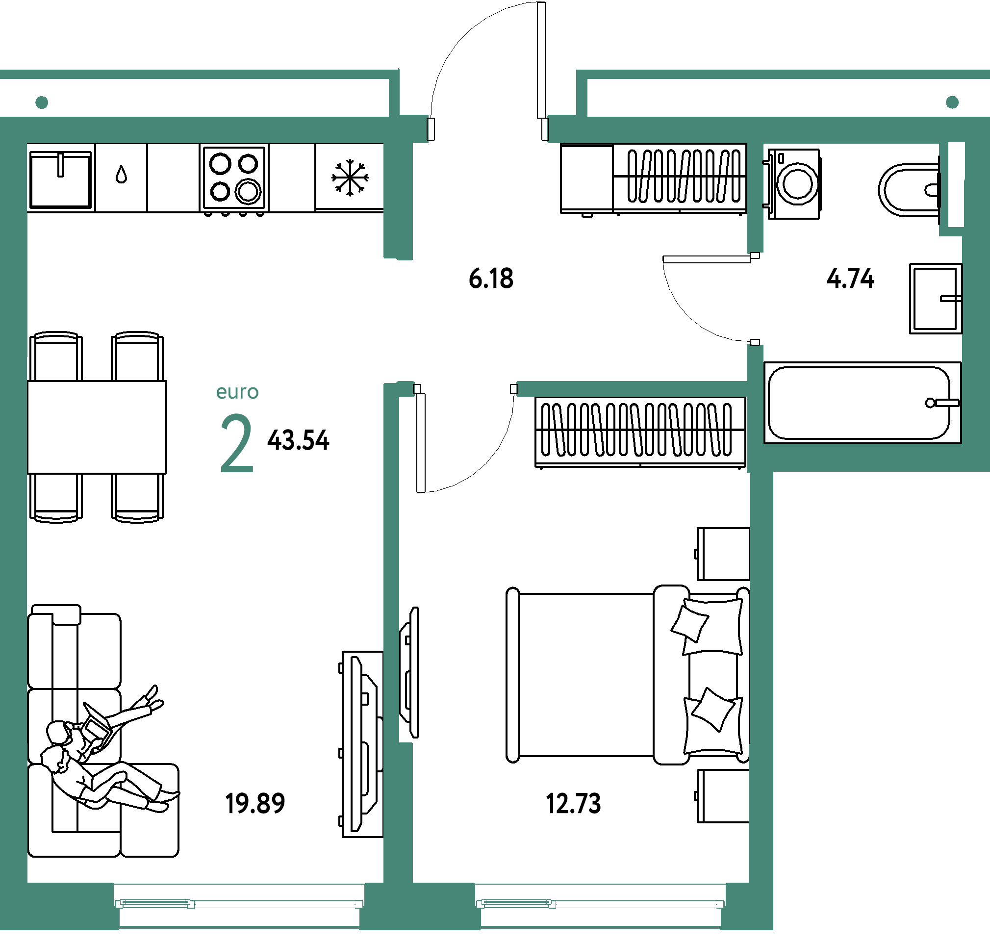 ЖК "Страна.Прибрежная"-2-комнатная 43.54 м²
