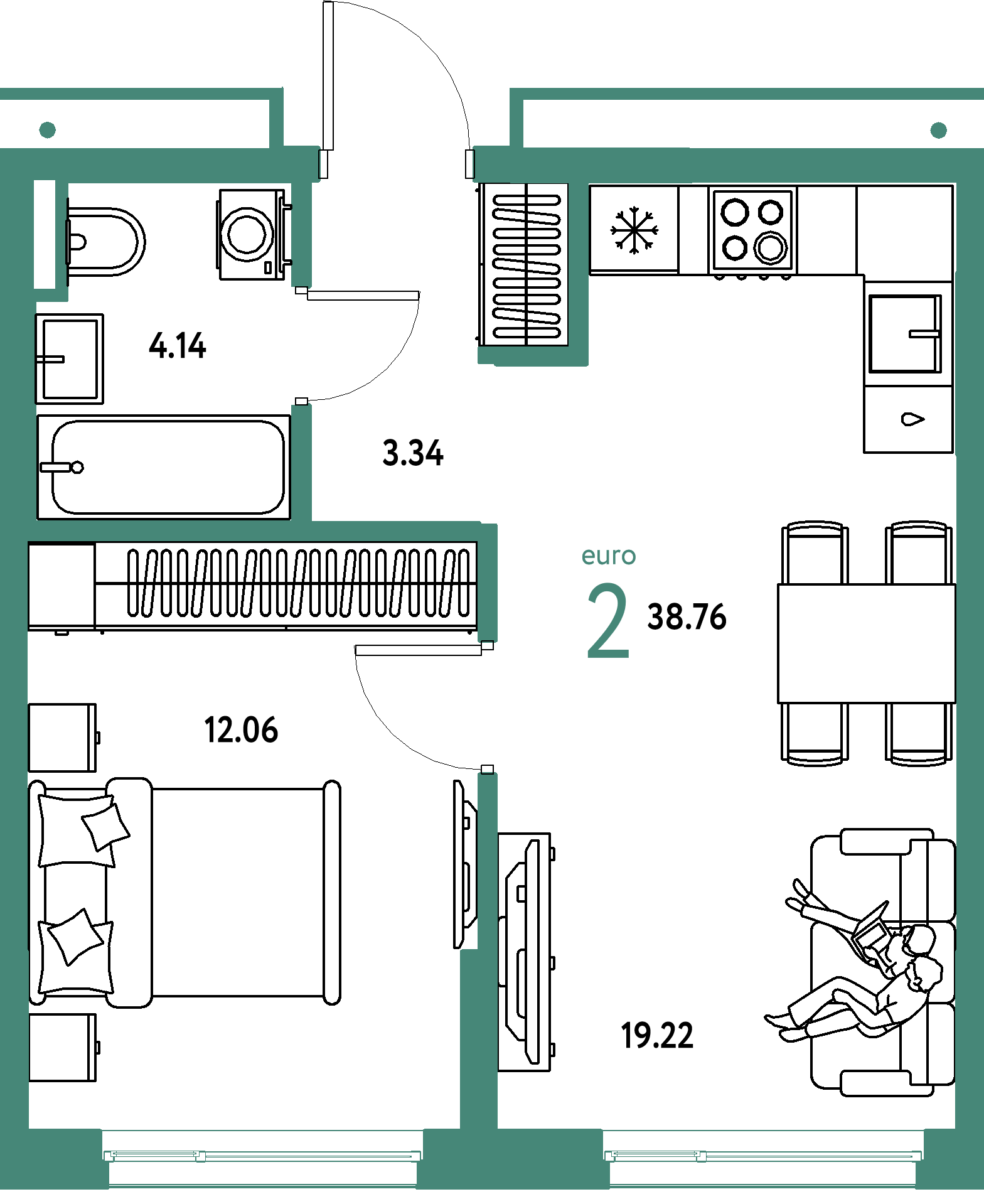ЖК "Страна.Прибрежная"-2-комнатная 38.76 м²