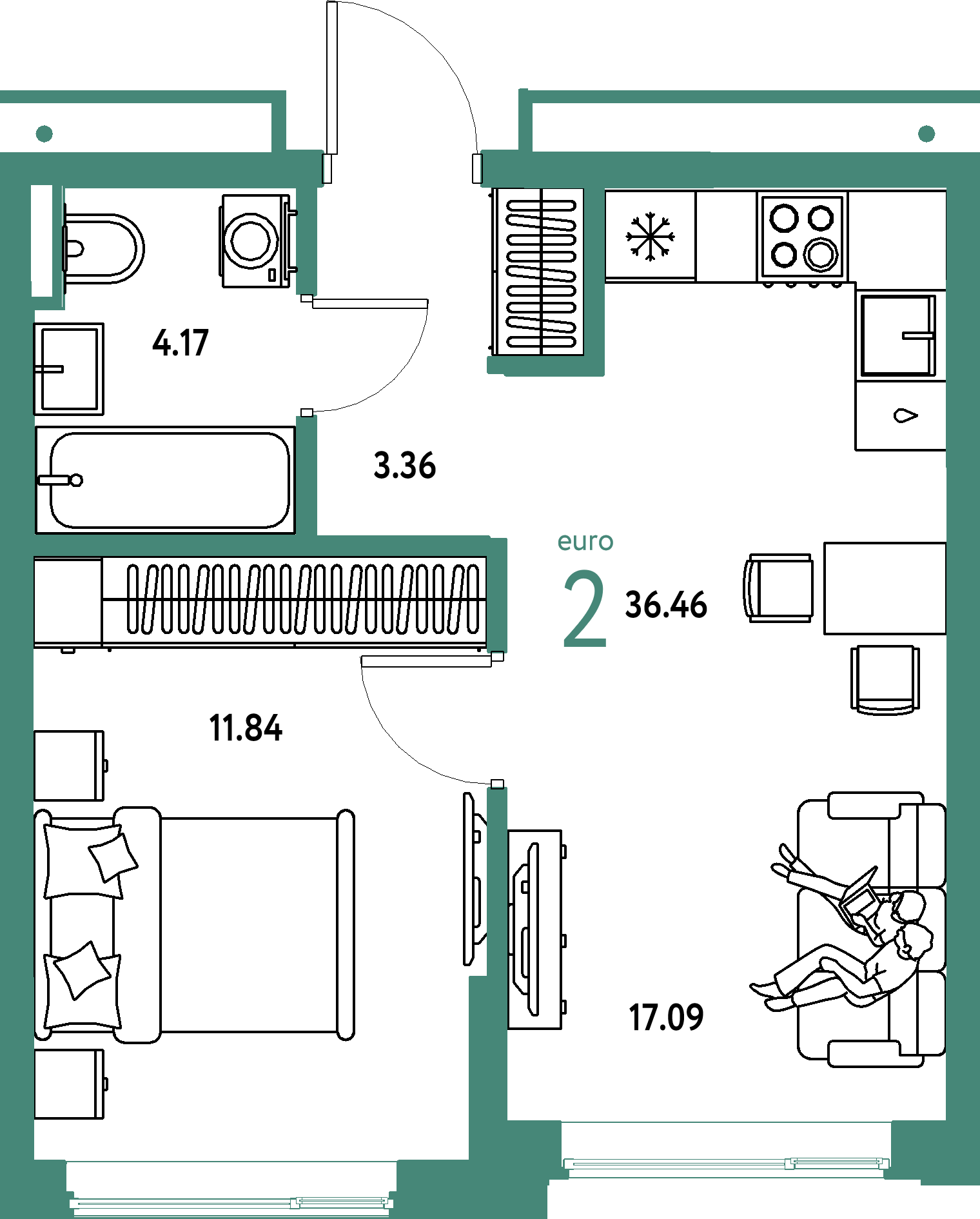 ЖК "Страна.Прибрежная"-2-комнатная 36.46 м²