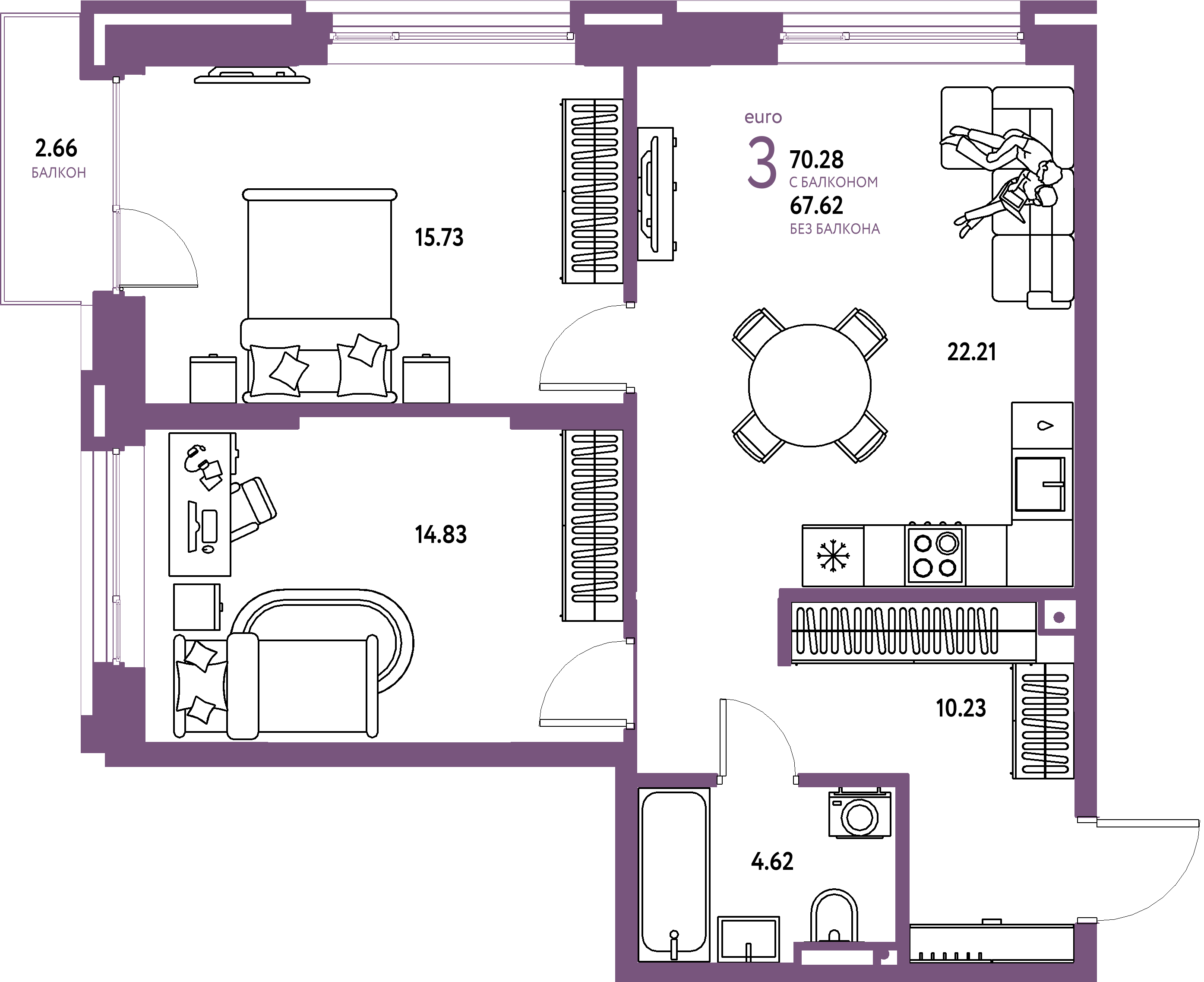 ЖК "Страна.Прибрежная"-3-комнатная 70.28 м²