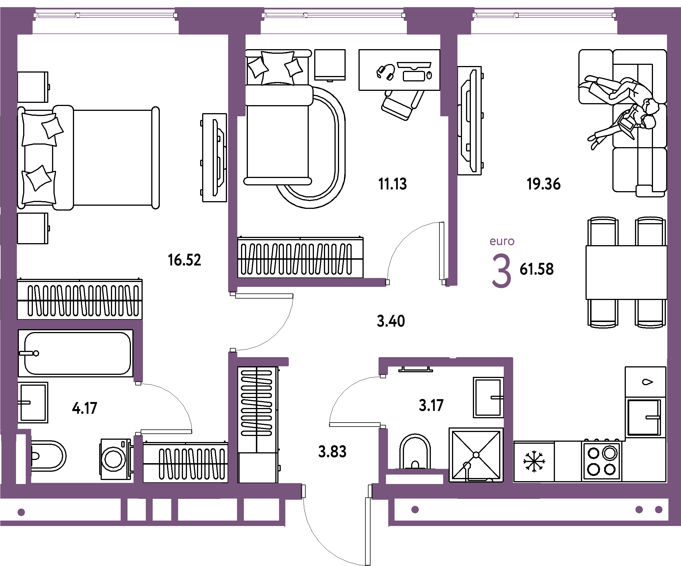 ЖК "Страна.Прибрежная"-3-комнатная 61.58 м²