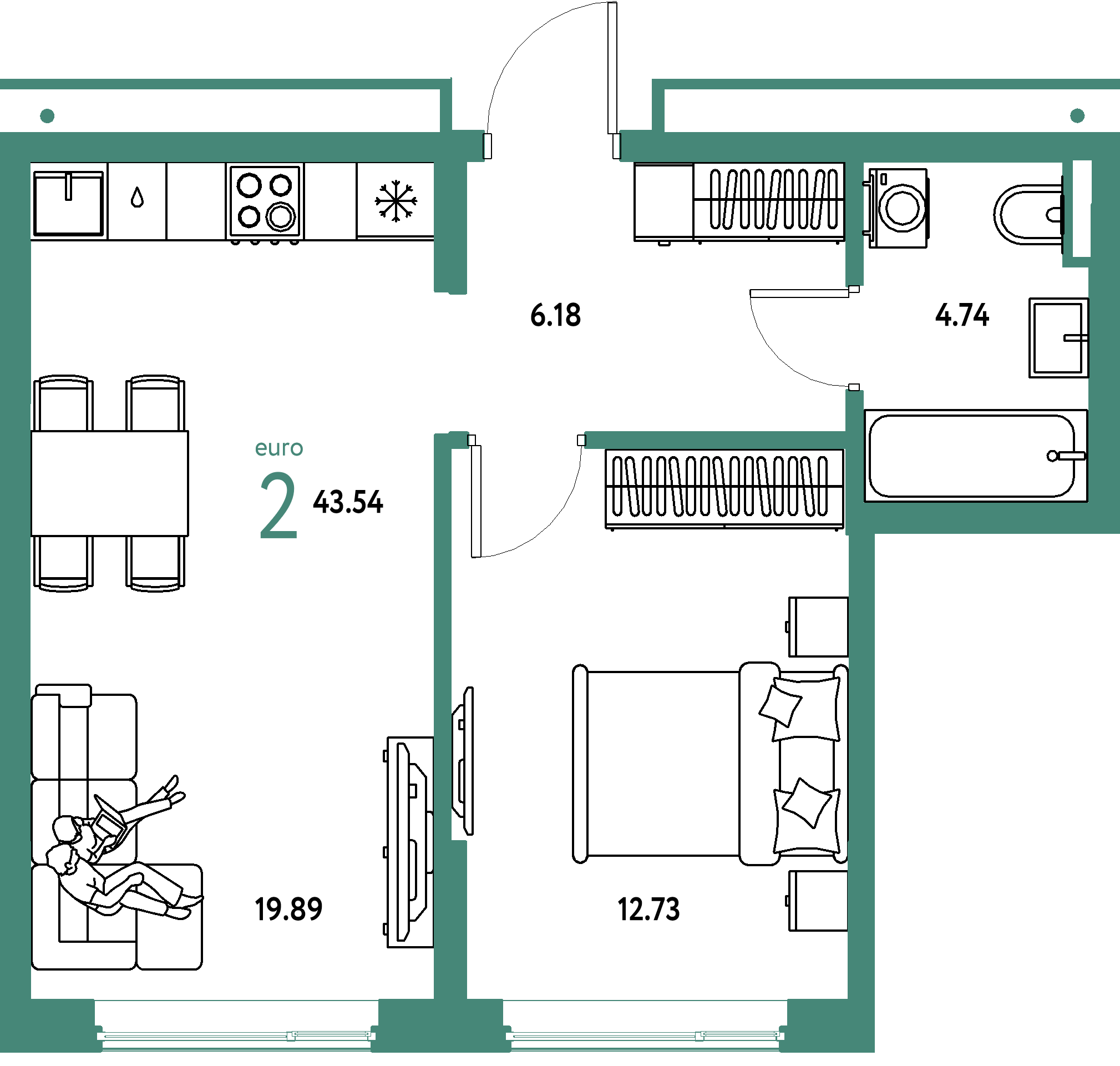 ЖК "Страна.Прибрежная"-2-комнатная 43.54 м²