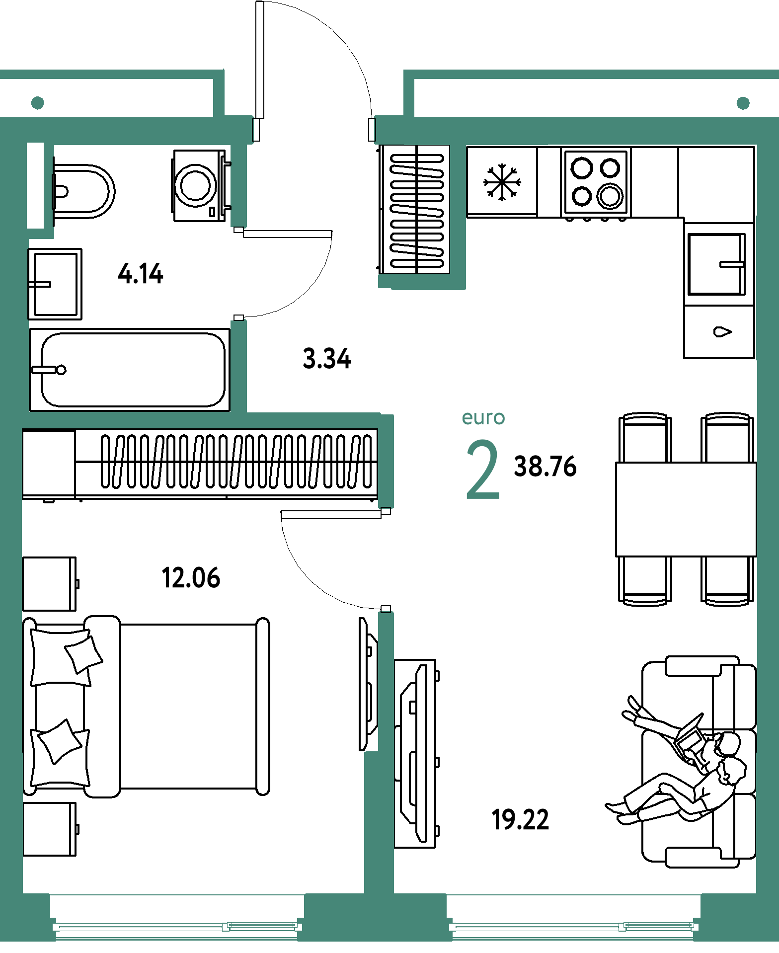 ЖК "Страна.Прибрежная"-2-комнатная 38.76 м²
