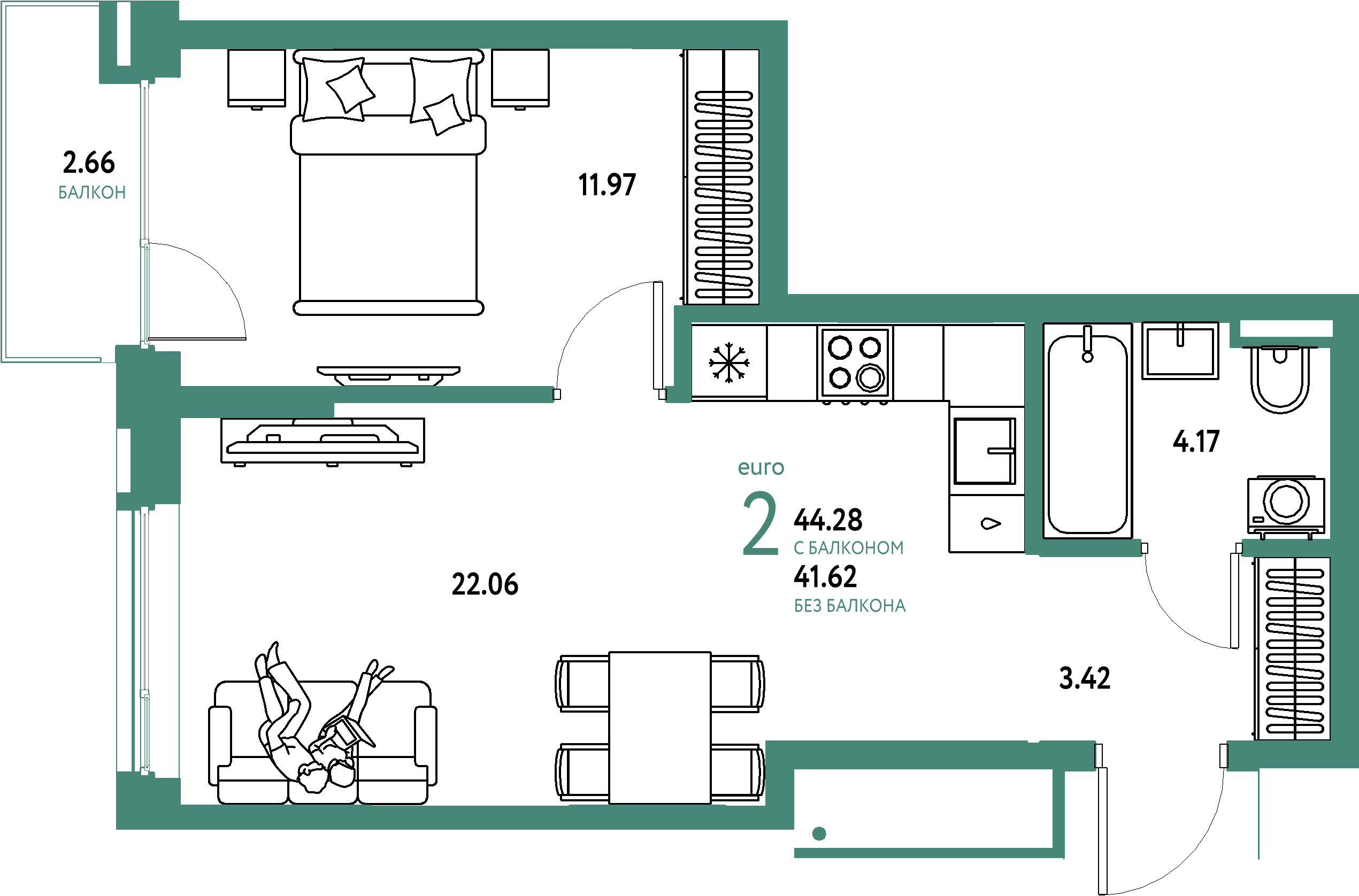 ЖК "Страна.Прибрежная"-2-комнатная 44.28 м²