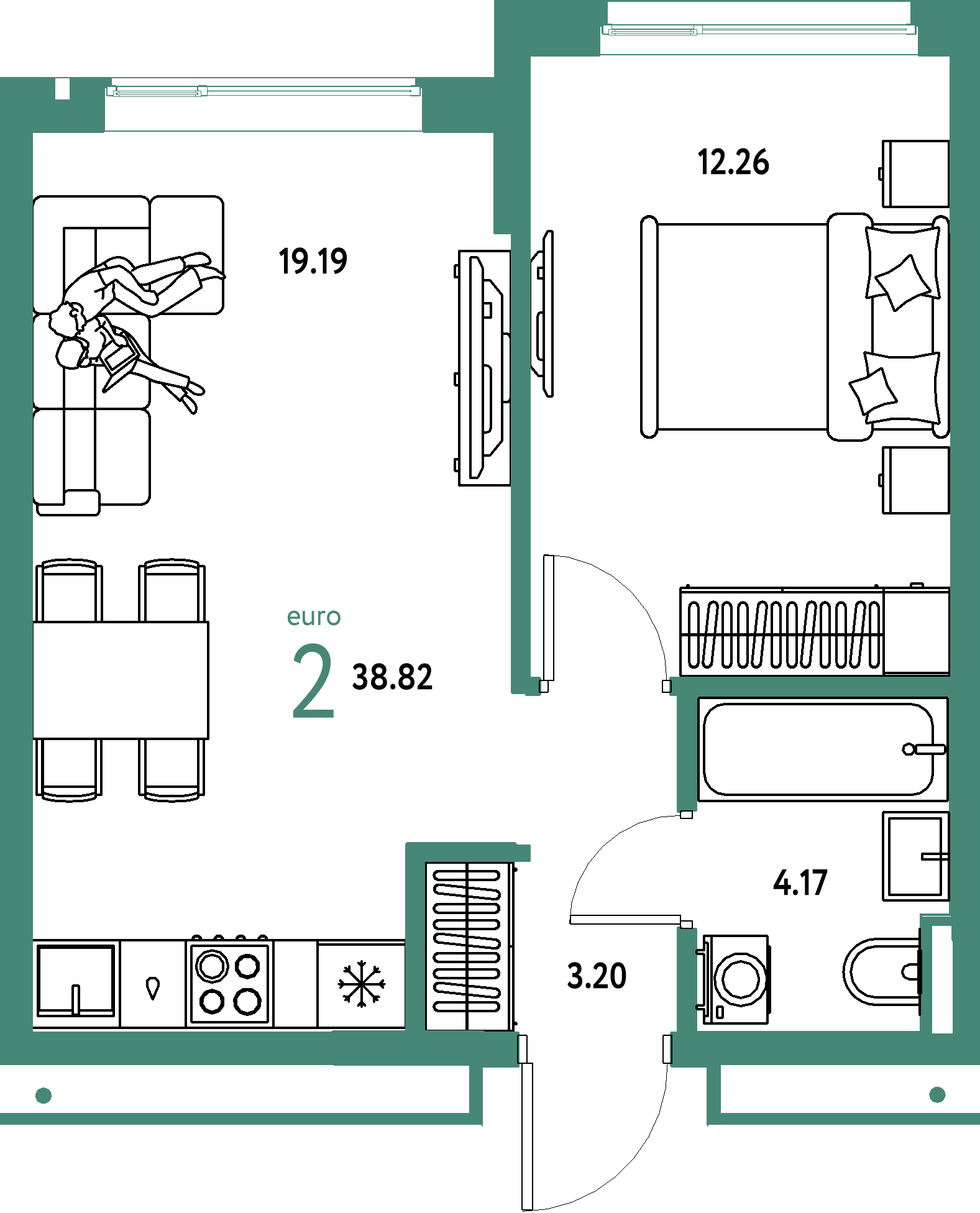 ЖК "Страна.Прибрежная"-2-комнатная 38.82 м²