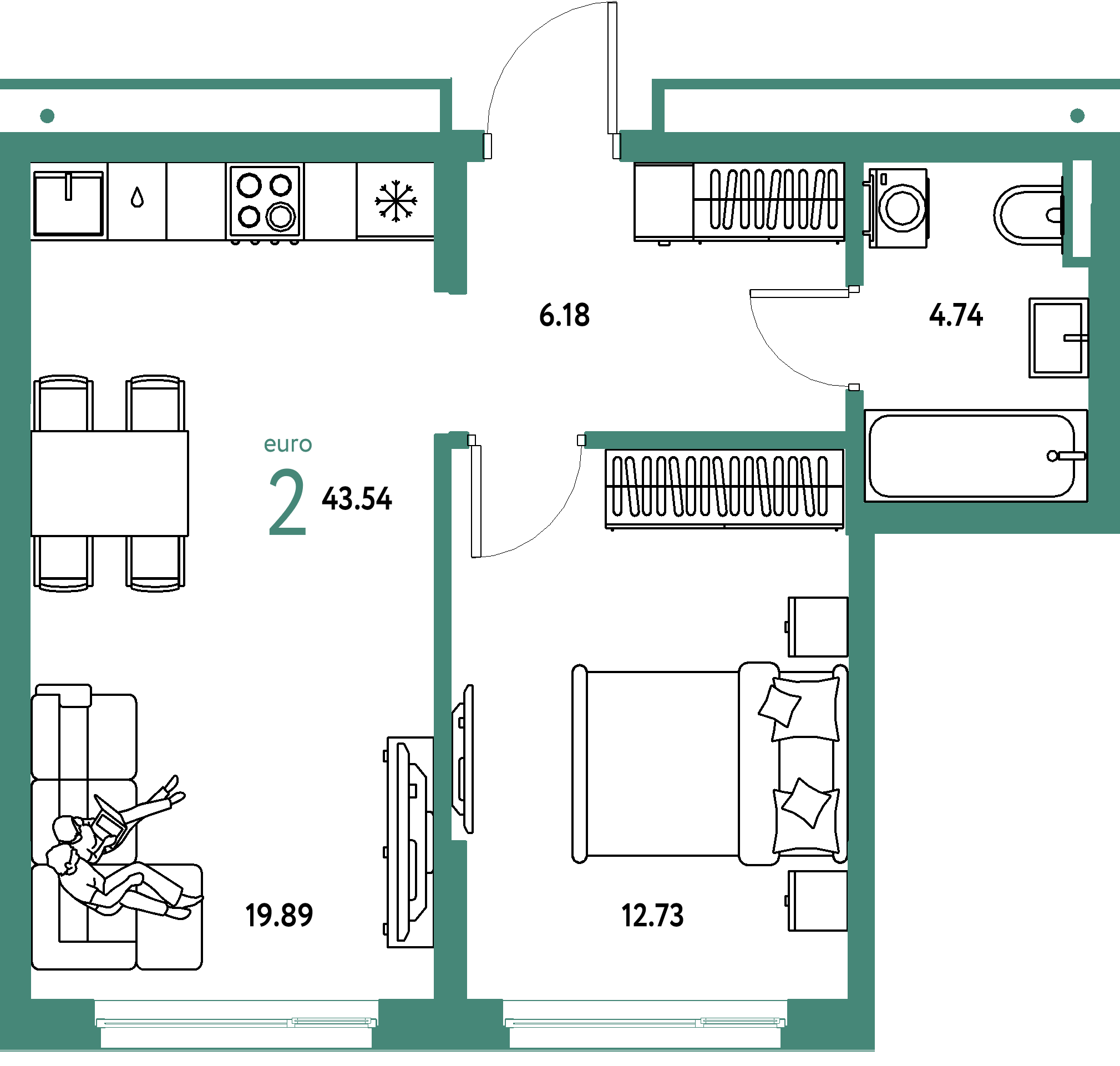 ЖК "Страна.Прибрежная"-2-комнатная 43.54 м²