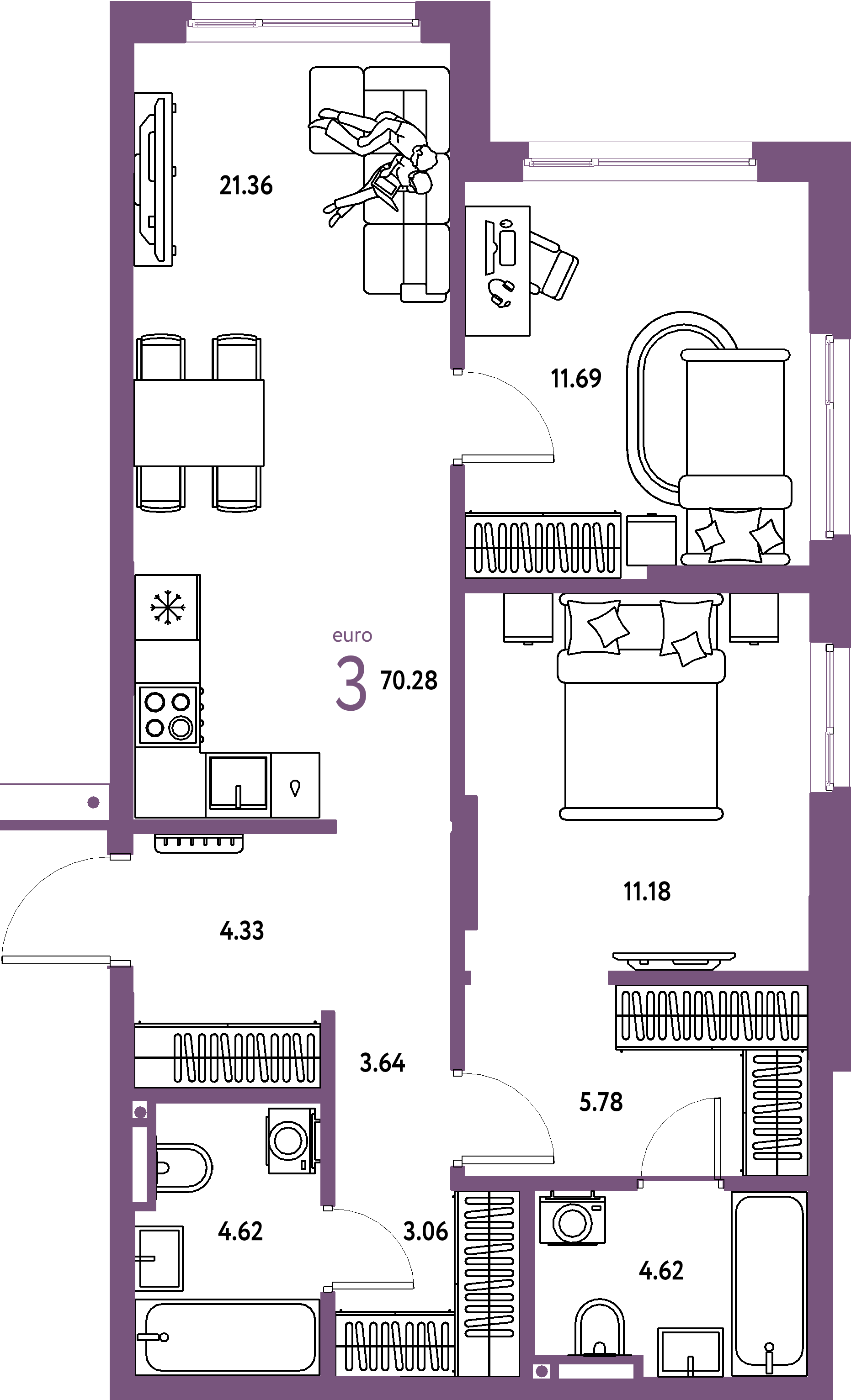 ЖК "Страна.Прибрежная"-3-комнатная 70.28 м²