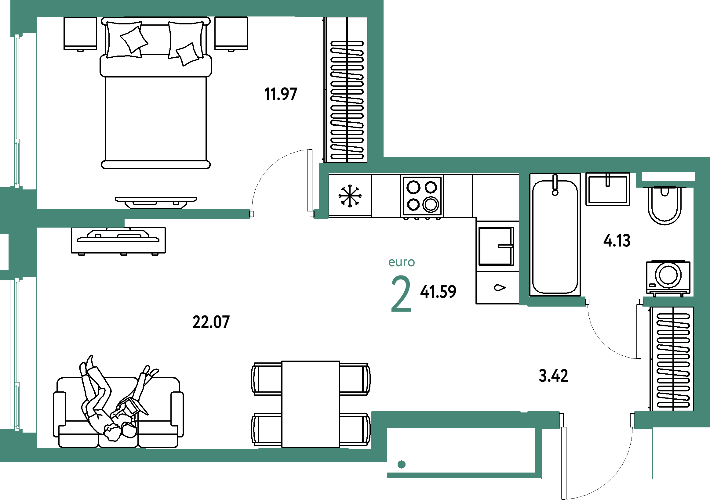 ЖК "Страна.Прибрежная"-2-комнатная 41.59 м²