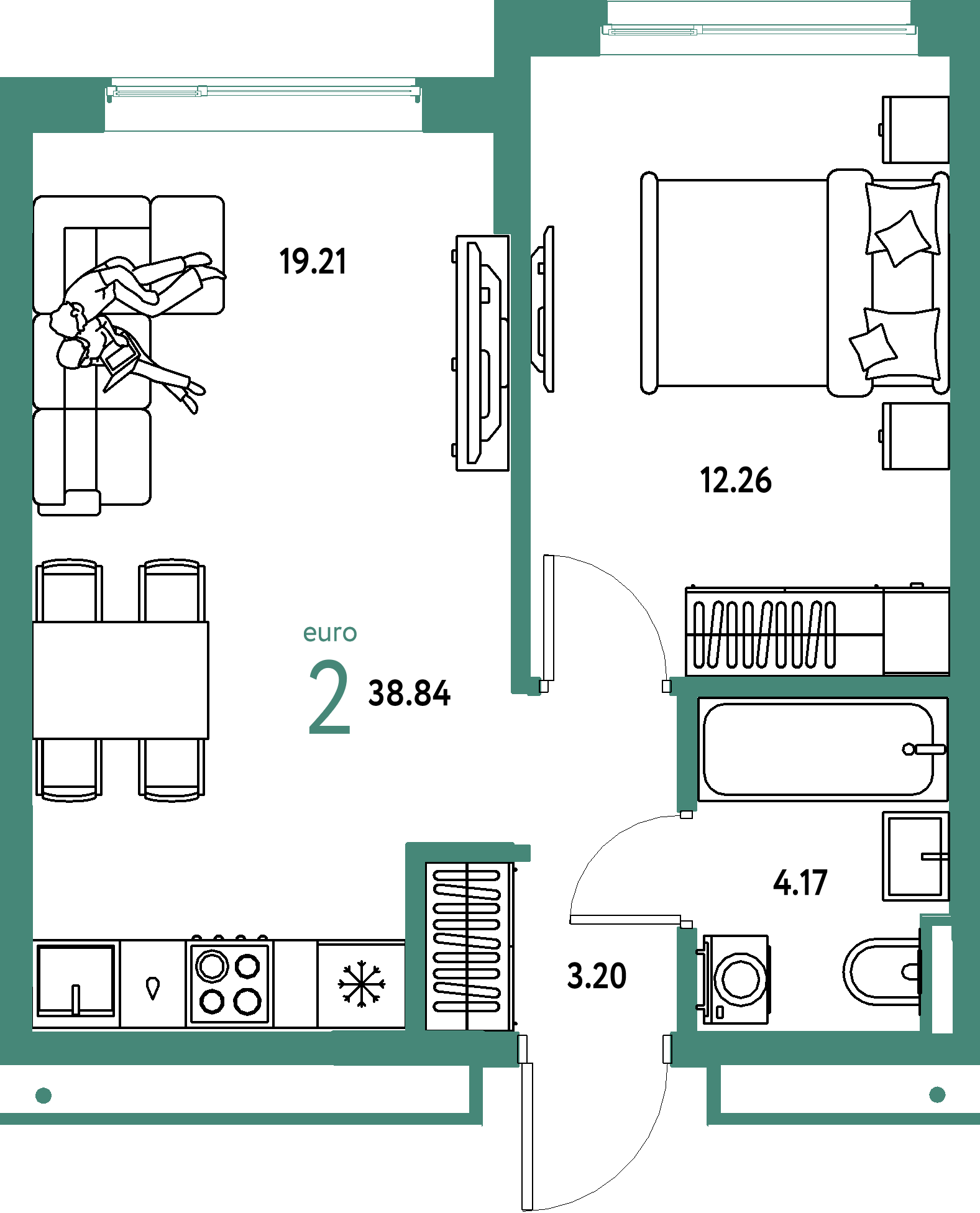 ЖК "Страна.Прибрежная"-2-комнатная 38.84 м²