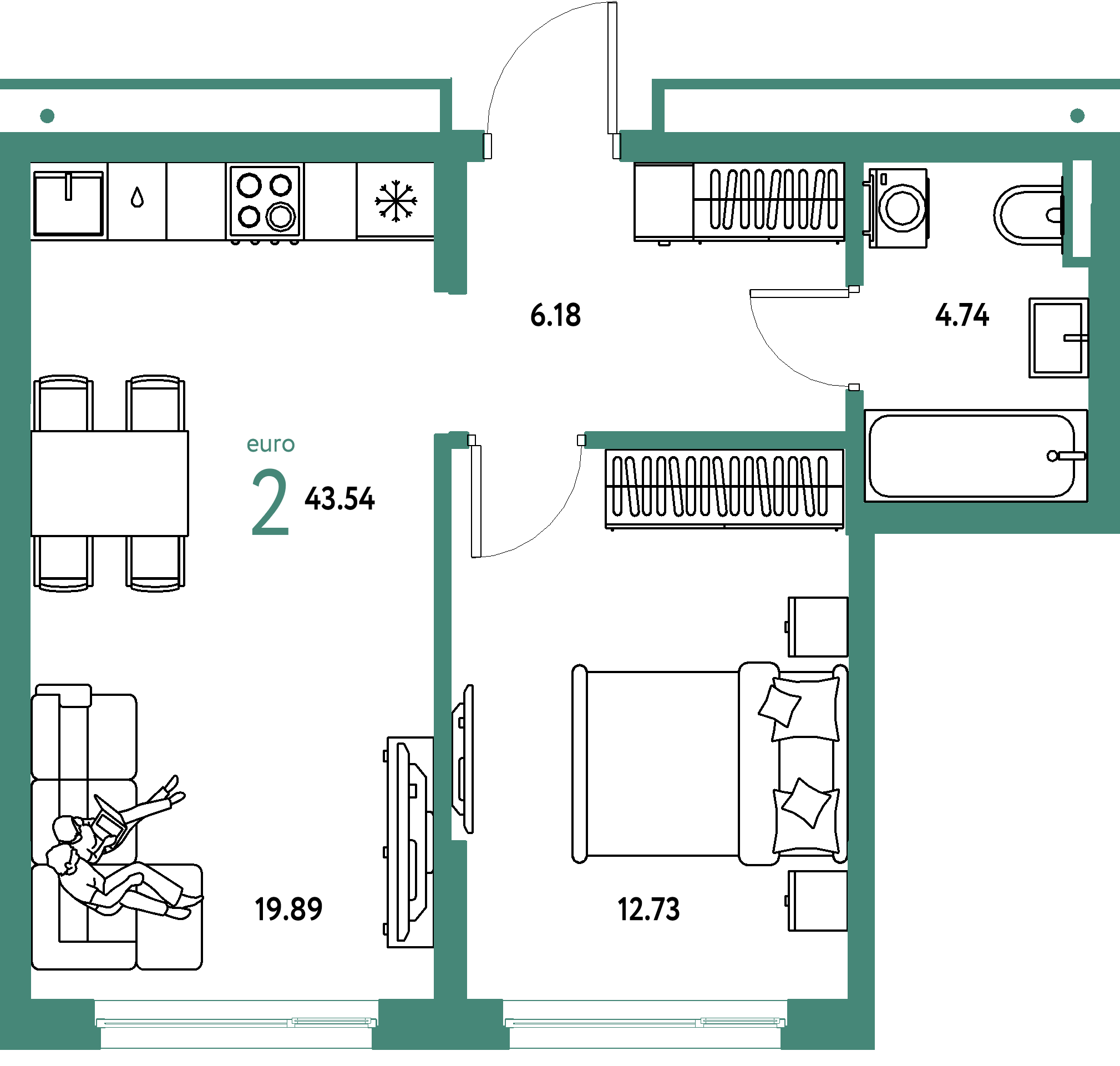 ЖК "Страна.Прибрежная"-2-комнатная 43.54 м²