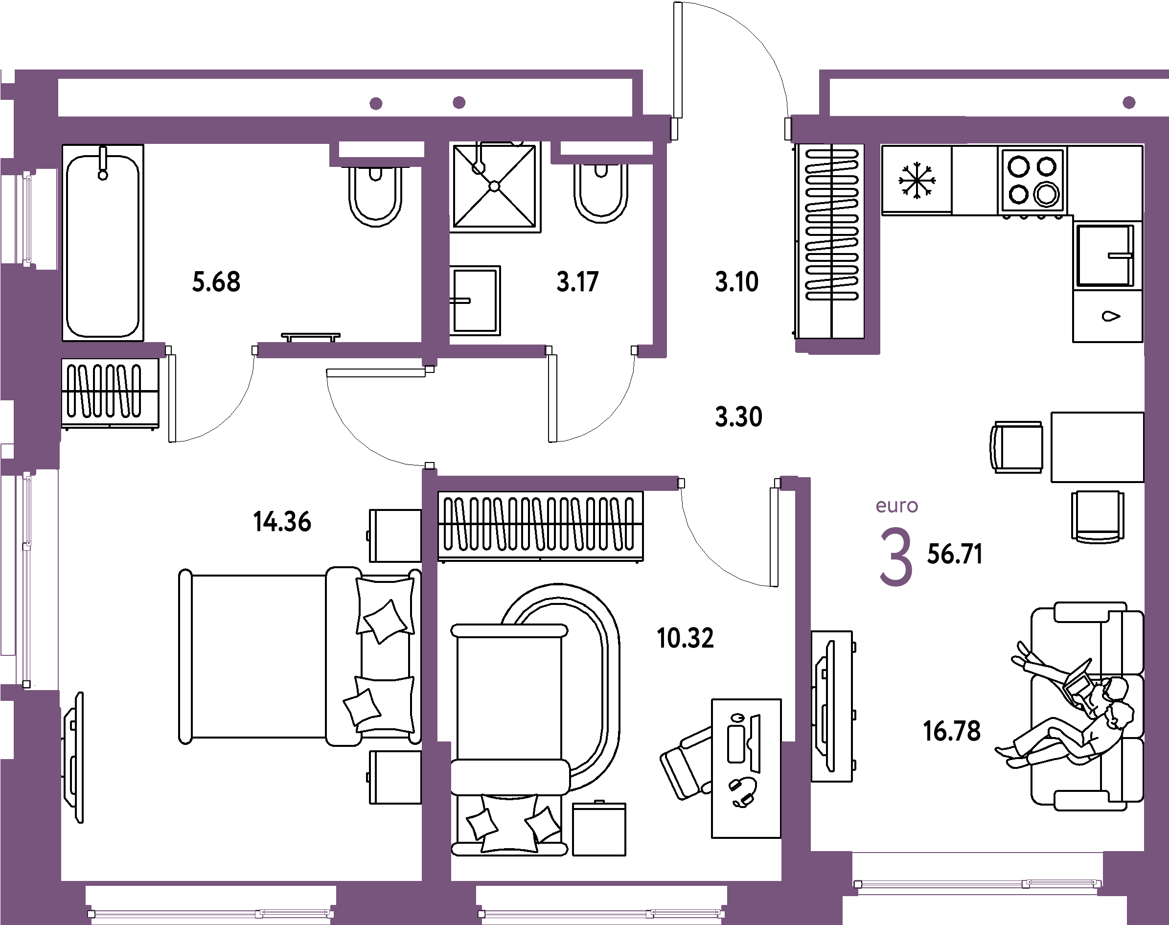 ЖК "Страна.Прибрежная"-3-комнатная 56.71 м²
