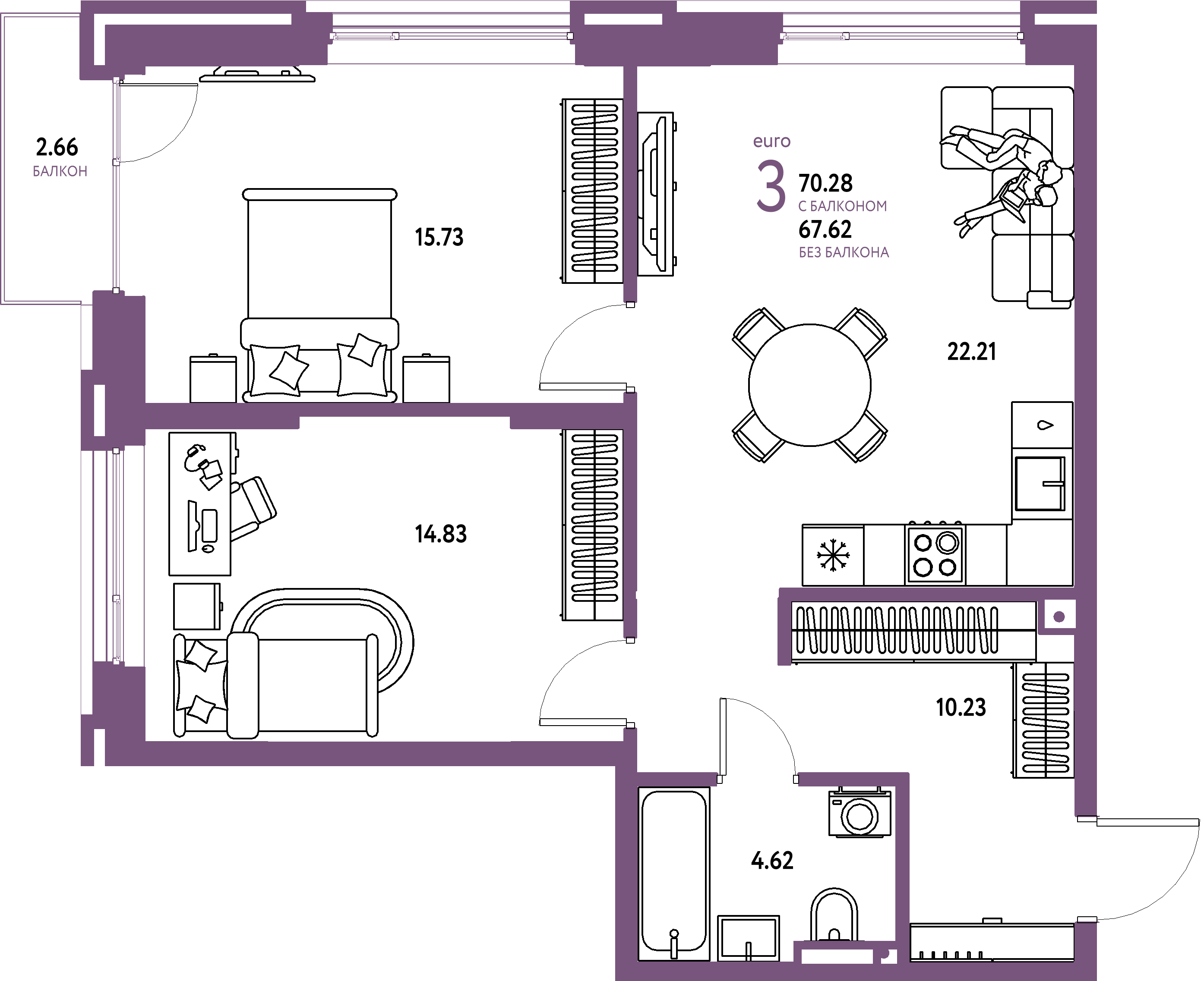 ЖК "Страна.Прибрежная"-3-комнатная 70.28 м²