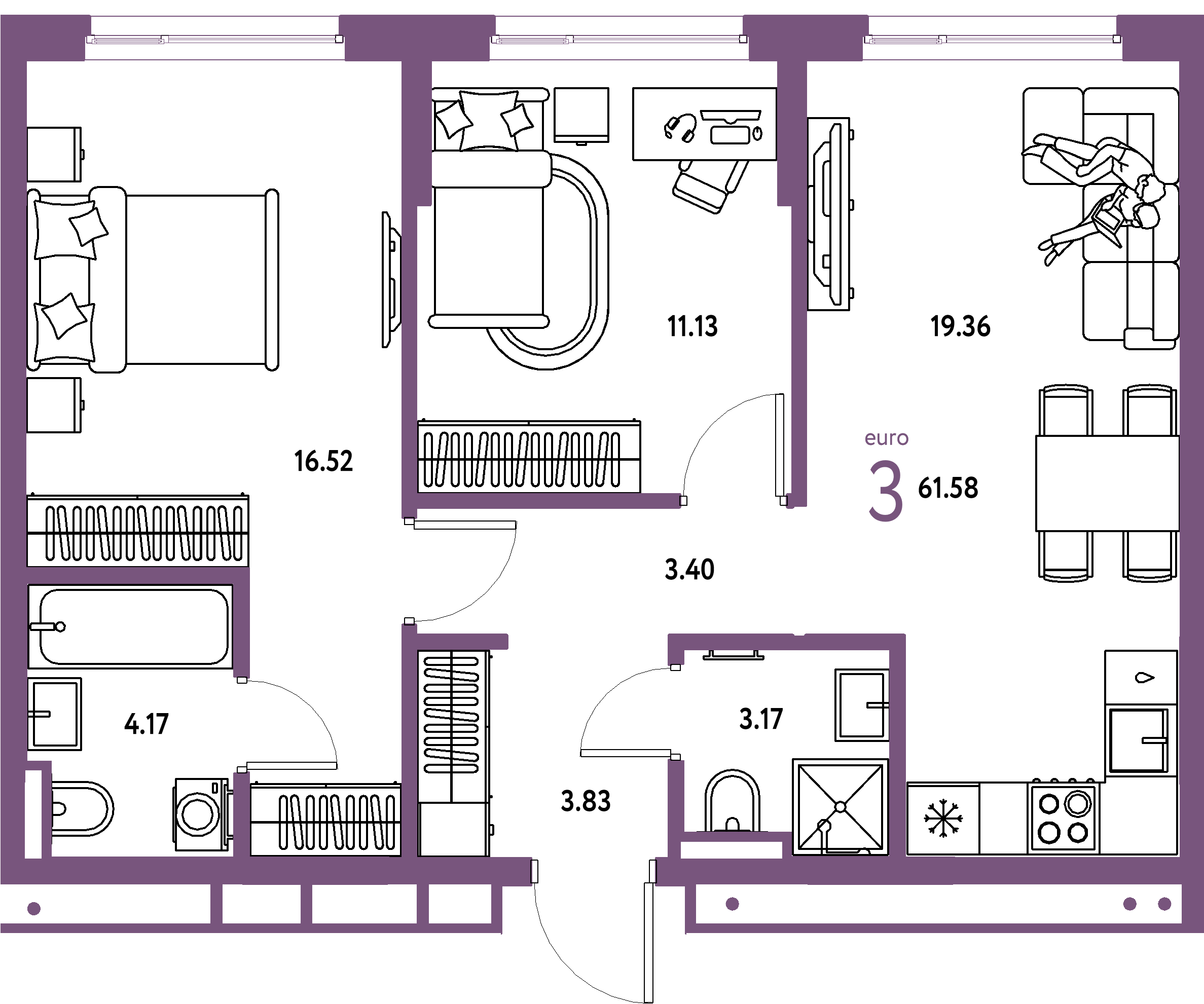 ЖК "Страна.Прибрежная"-3-комнатная 61.58 м²