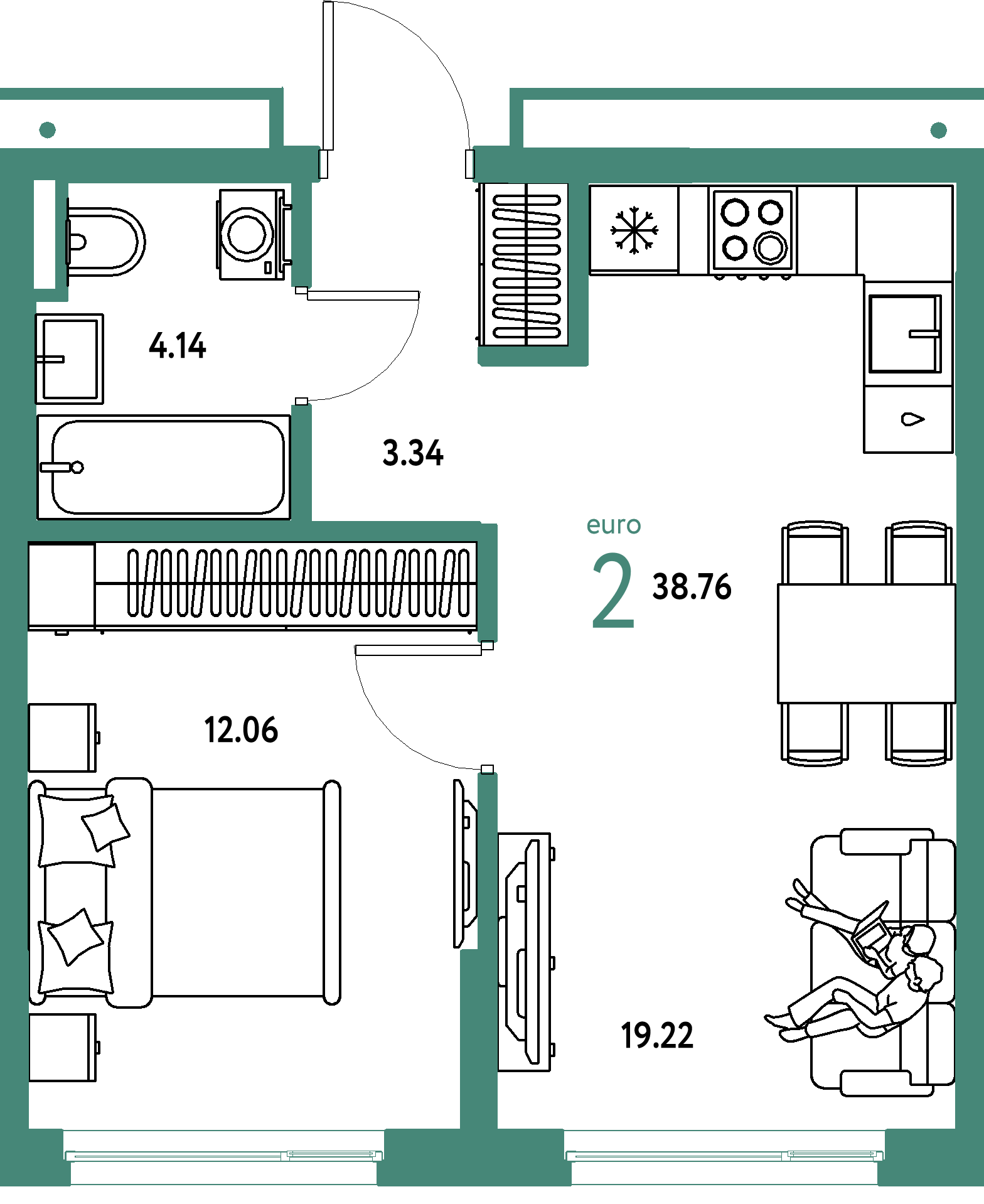 ЖК "Страна.Прибрежная"-2-комнатная 38.76 м²