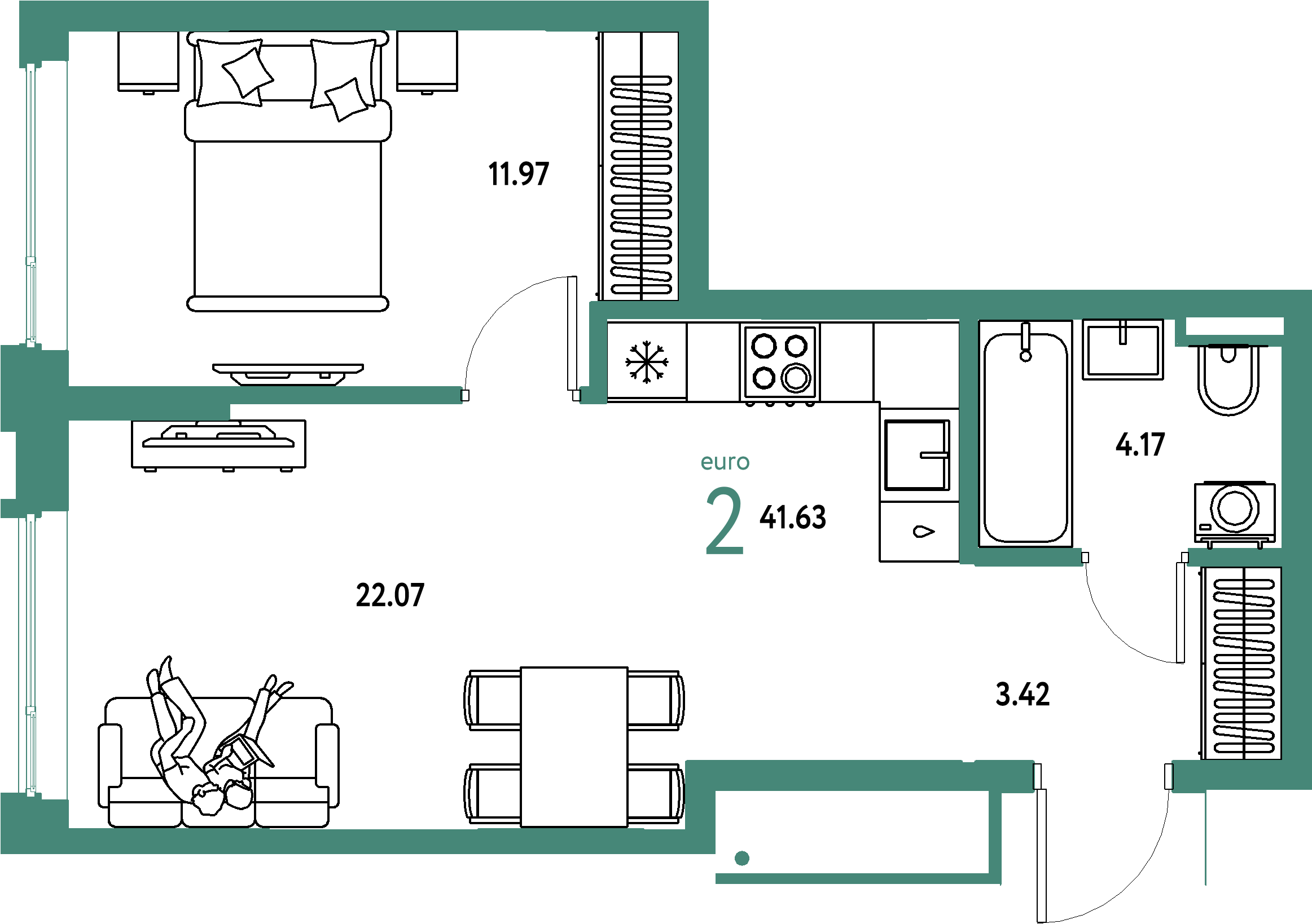 ЖК "Страна.Прибрежная"-2-комнатная 41.63 м²