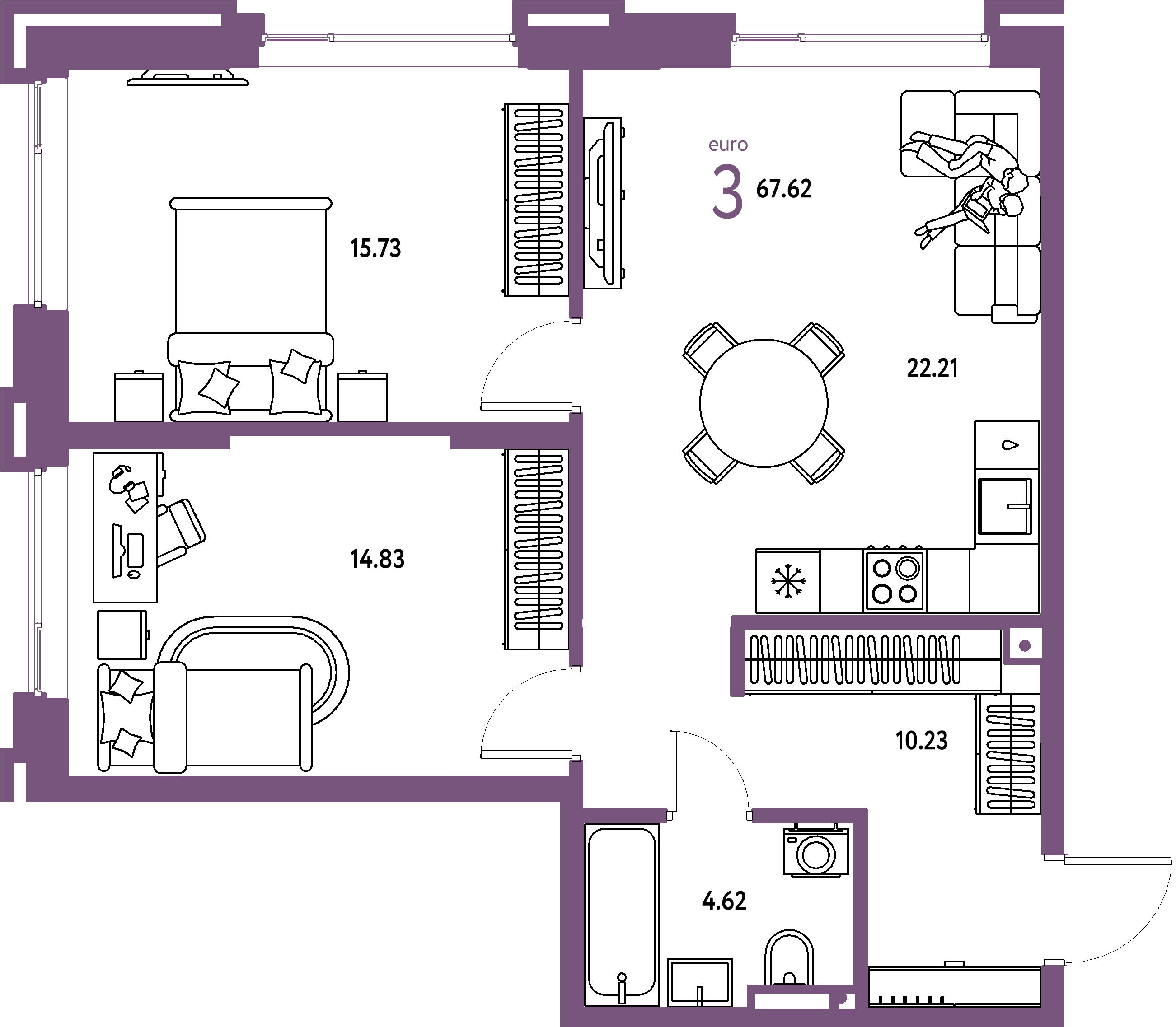 ЖК "Страна.Прибрежная"-3-комнатная 67.62 м²