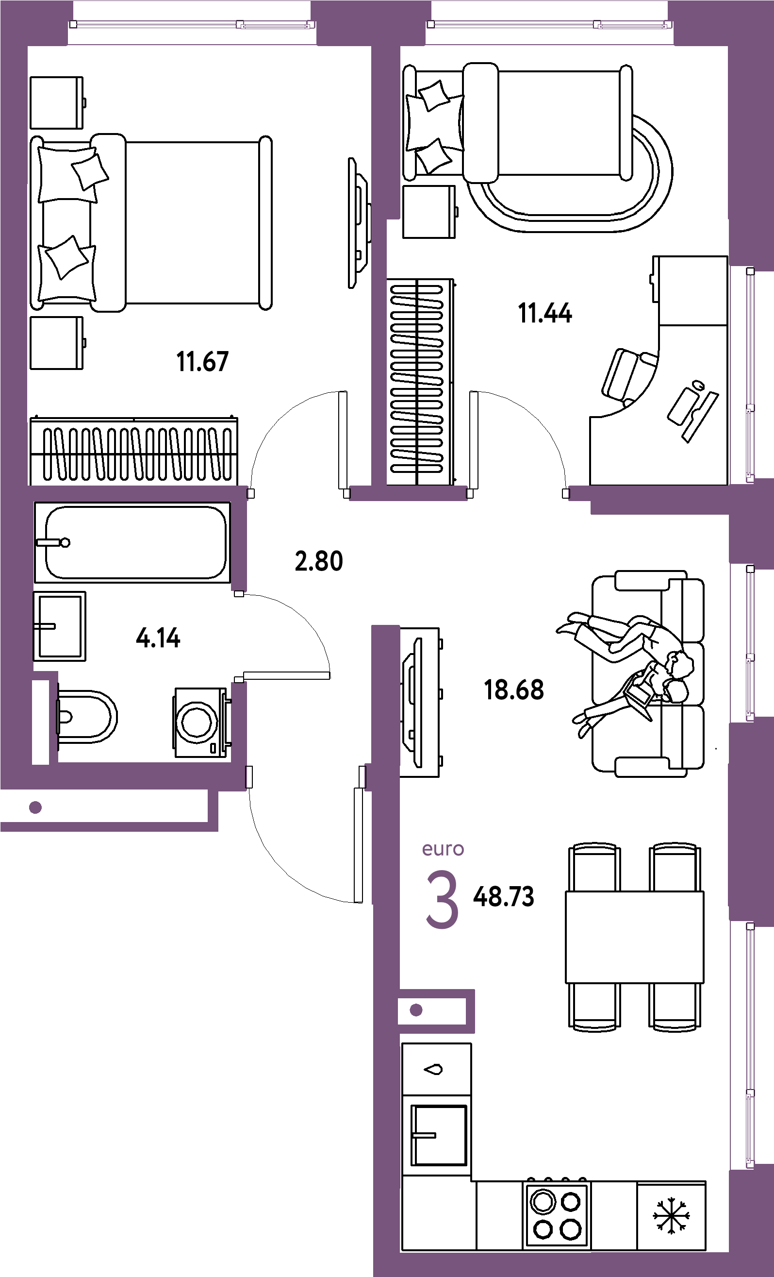ЖК "Страна.Прибрежная"-3-комнатная 48.73 м²