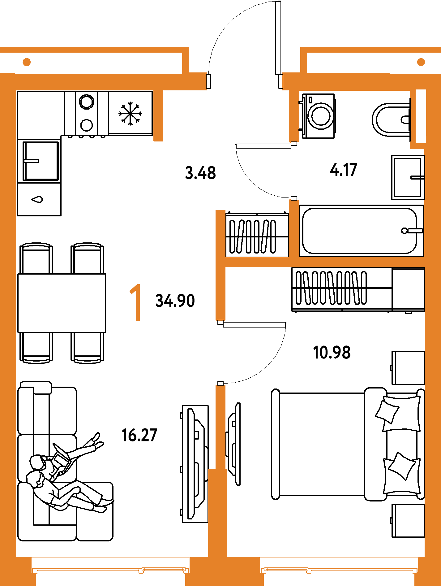 ЖК "Страна.Прибрежная"-1-комнатная 34.9 м²