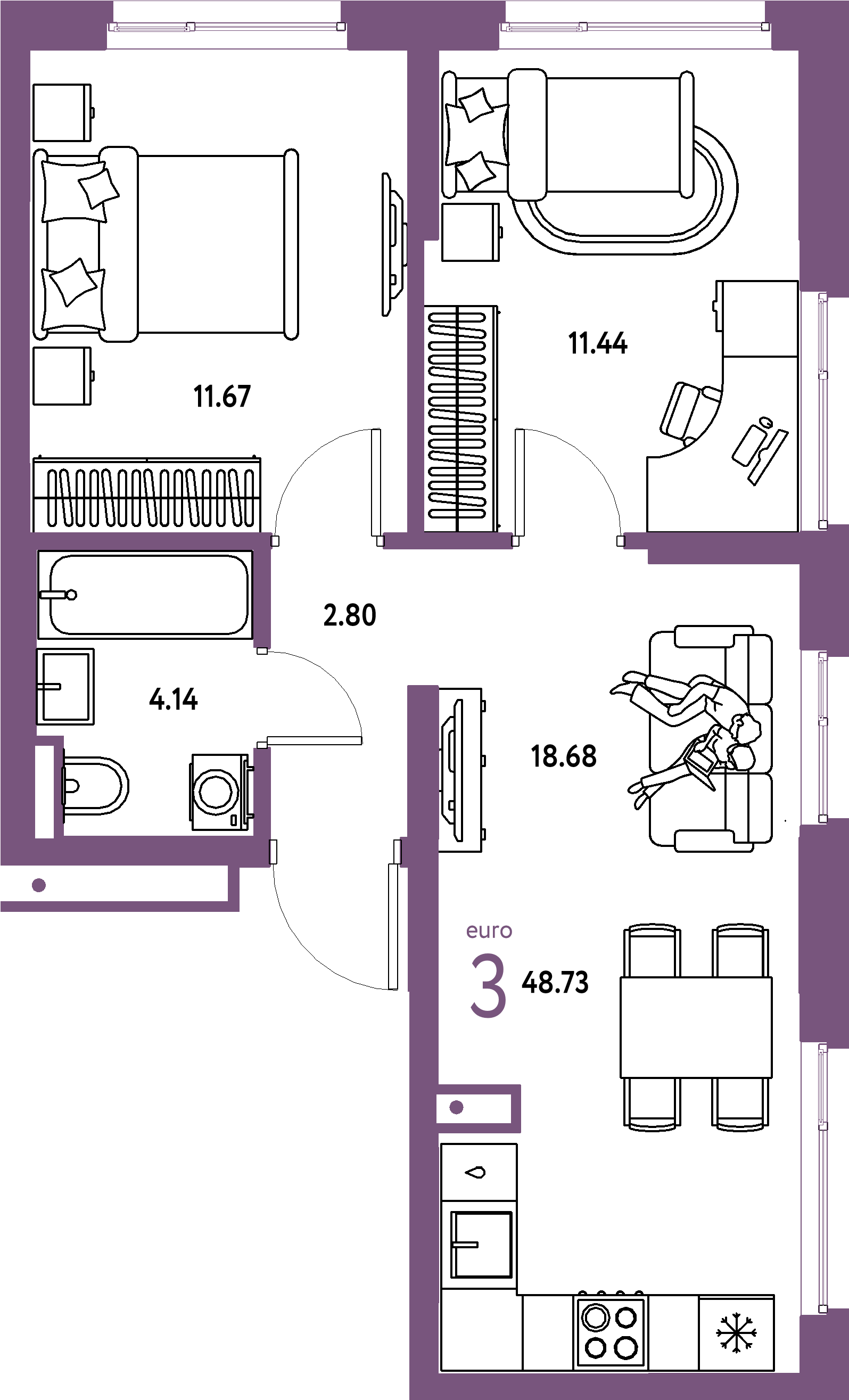 ЖК "Страна.Прибрежная"-3-комнатная 48.73 м²