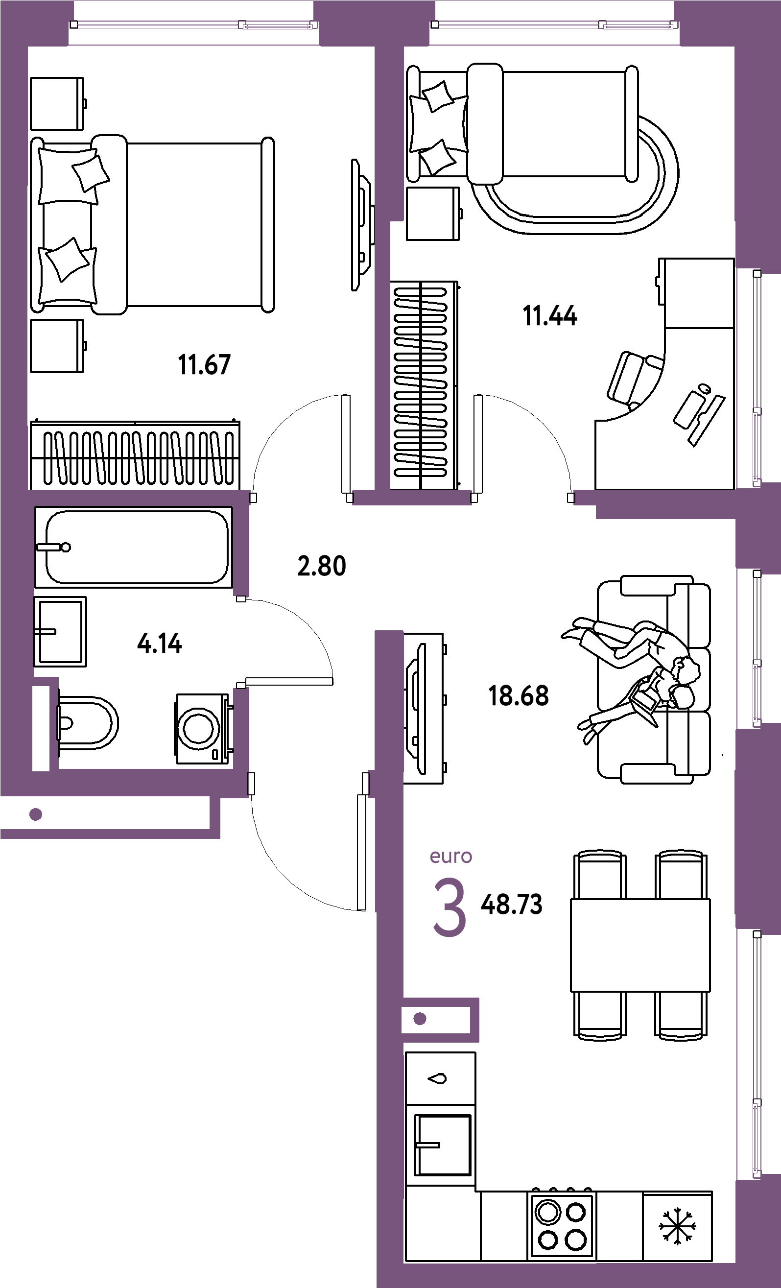 ЖК "Страна.Прибрежная"-3-комнатная 48.73 м²