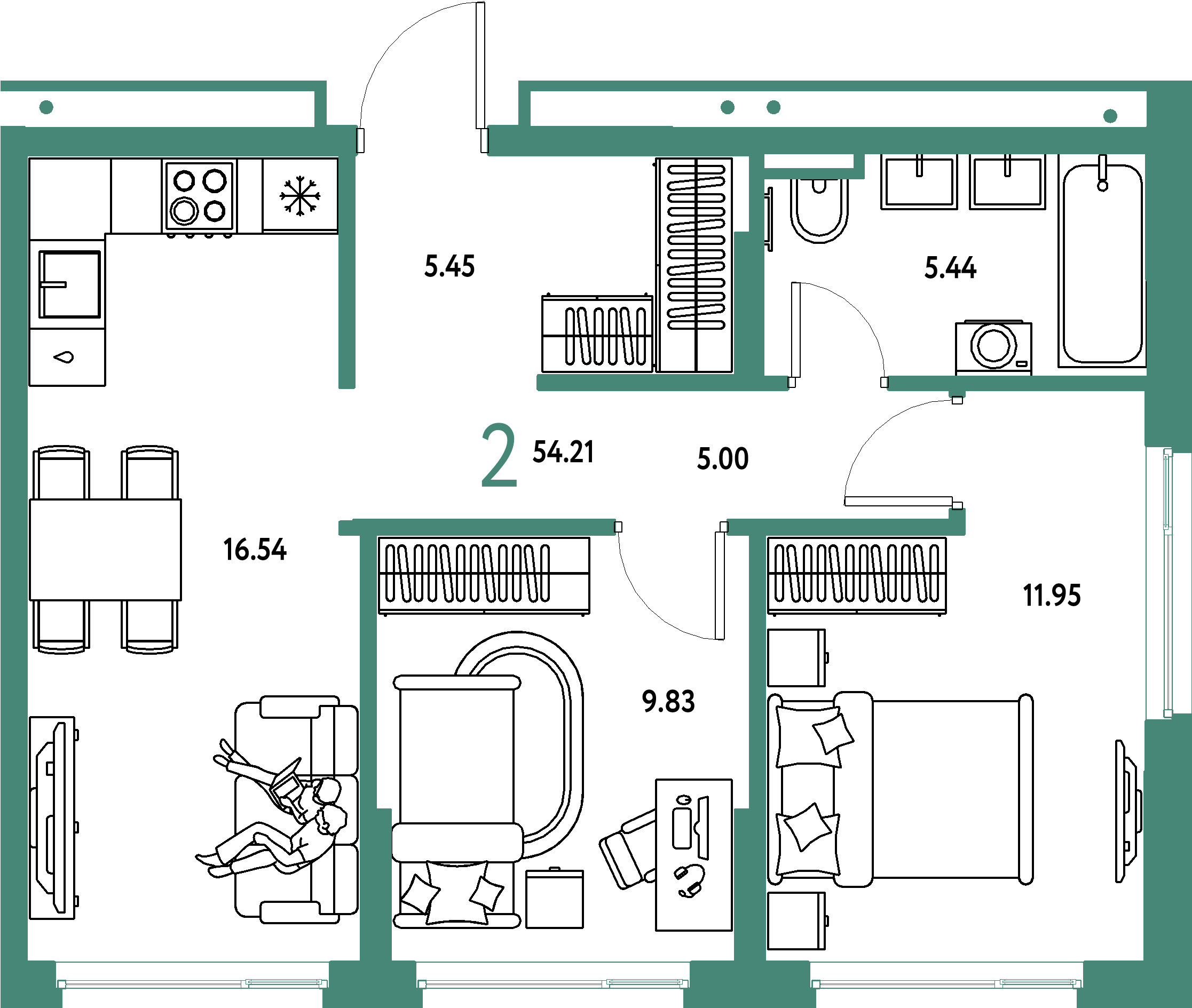 ЖК "Страна.Прибрежная"-2-комнатная 54.21 м²