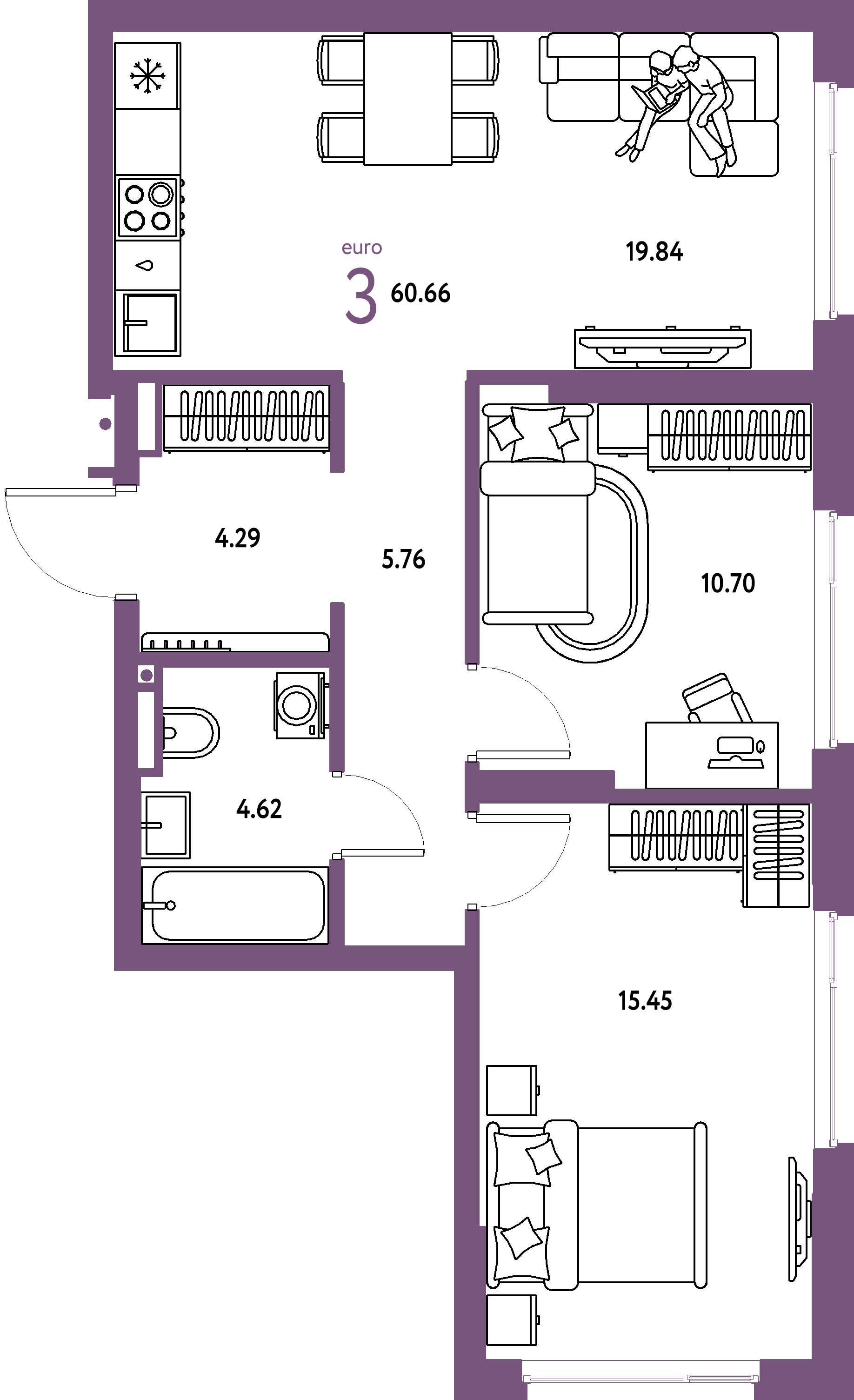 ЖК "Страна.Прибрежная"-3-комнатная 60.66 м²