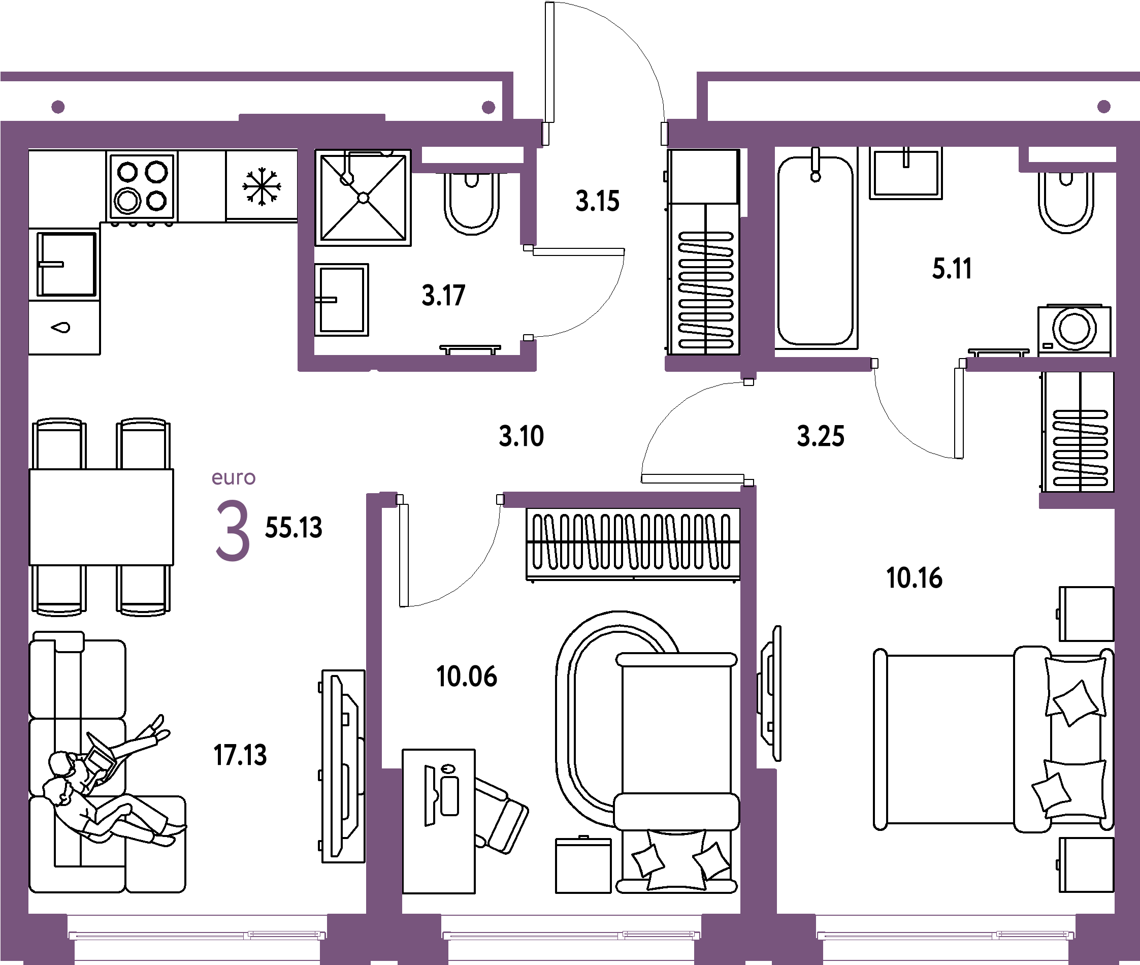 ЖК "Страна.Прибрежная"-3-комнатная 55.13 м²