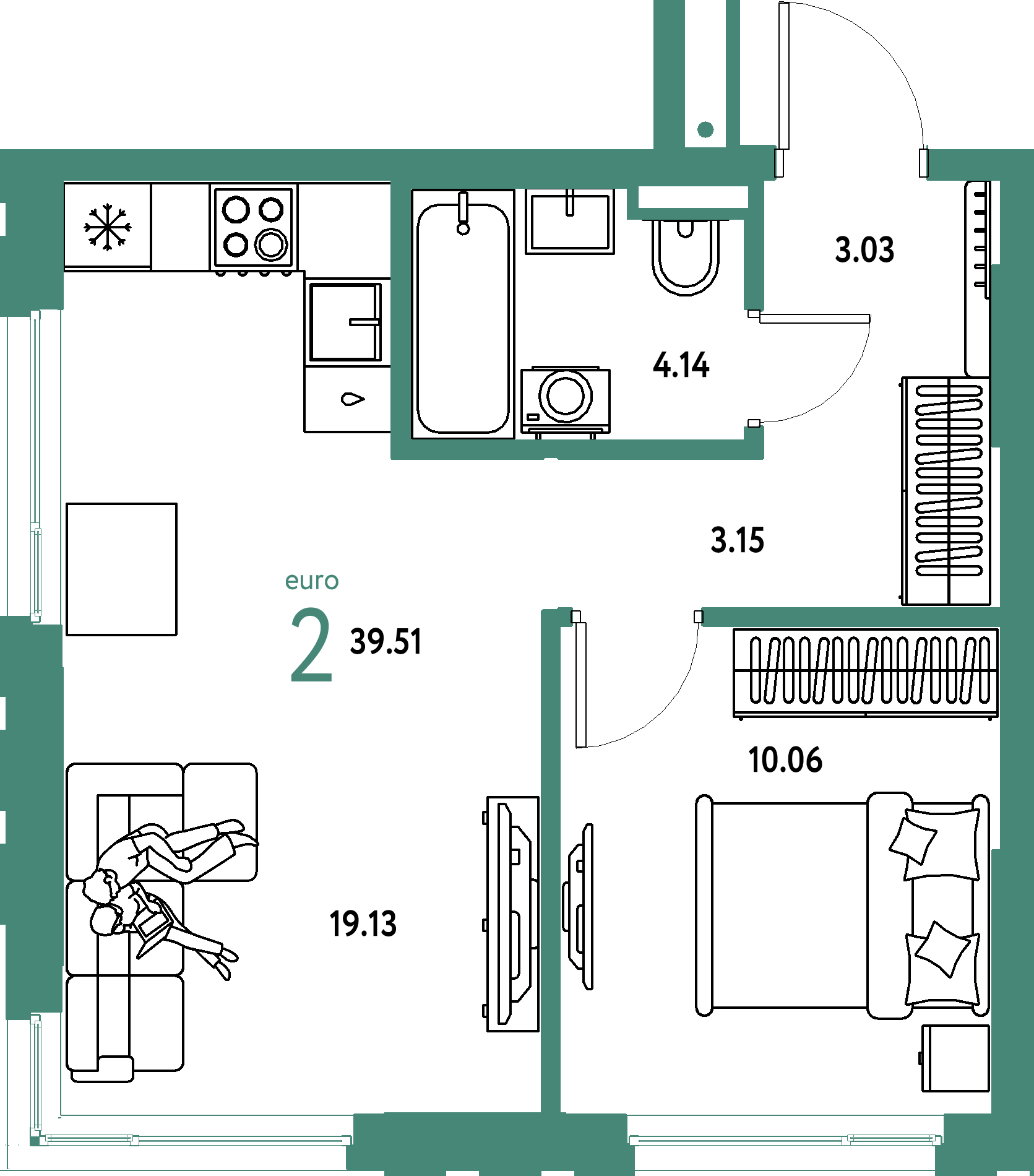ЖК "Страна.Прибрежная"-2-комнатная 39.51 м²