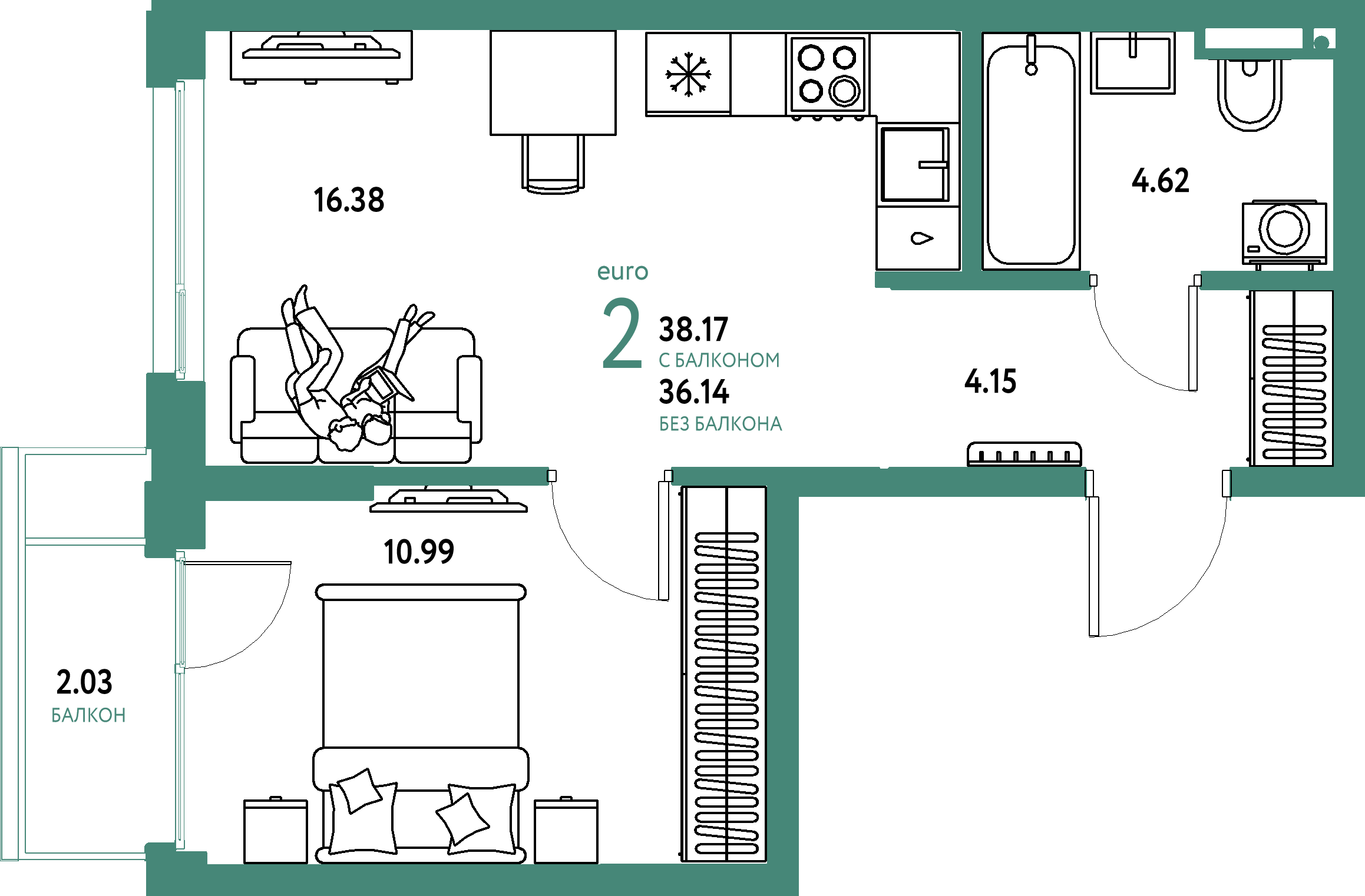 ЖК "Страна.Прибрежная"-2-комнатная 38.17 м²